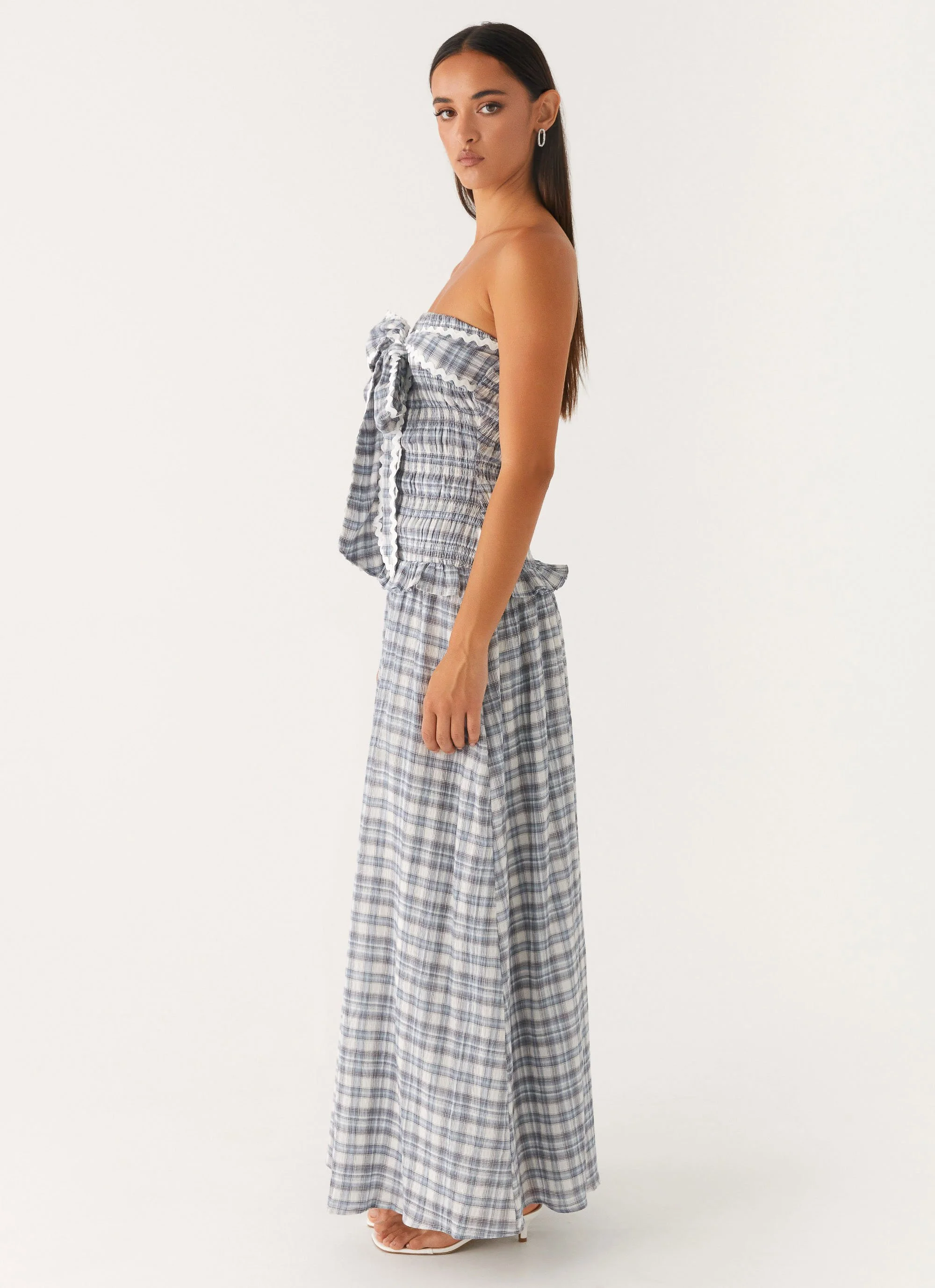 Malia Shirred Maxi Dress - Blue Grey Check - Image 3