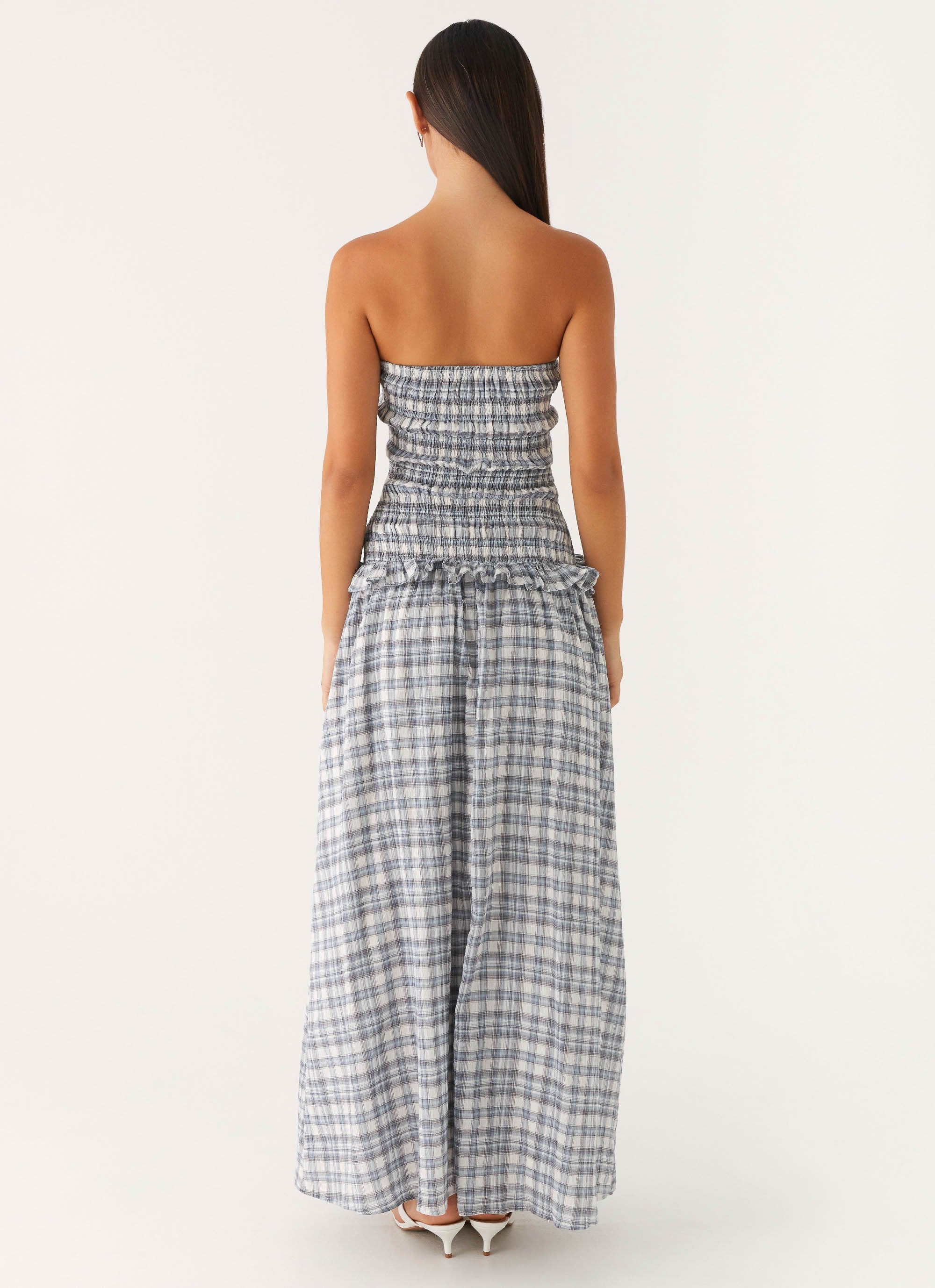 Malia Shirred Maxi Dress - Blue Grey Check - Image 4