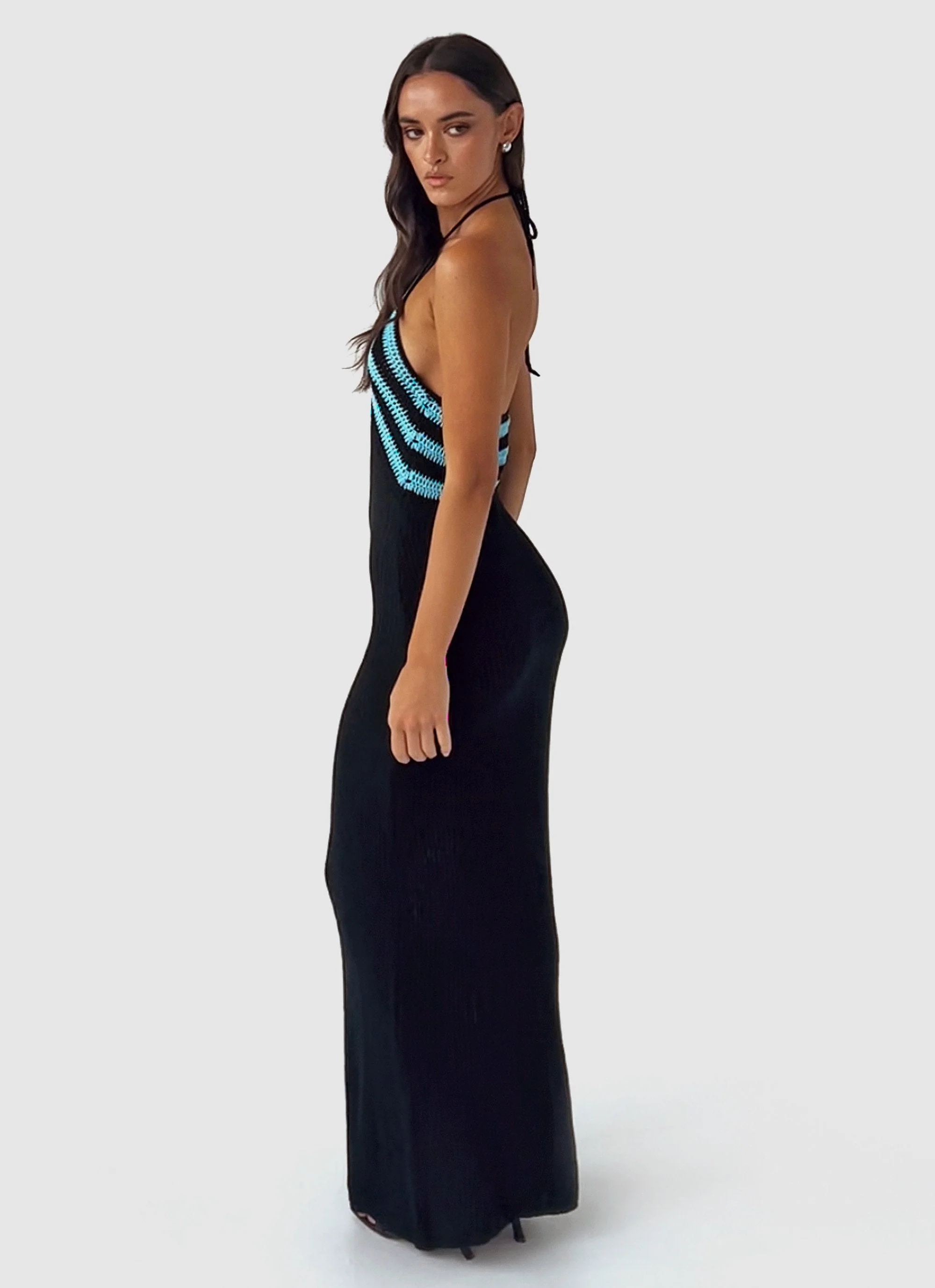 Masterpiece Halterneck Crochet Maxi Dress - Azure Stripe - Image 2