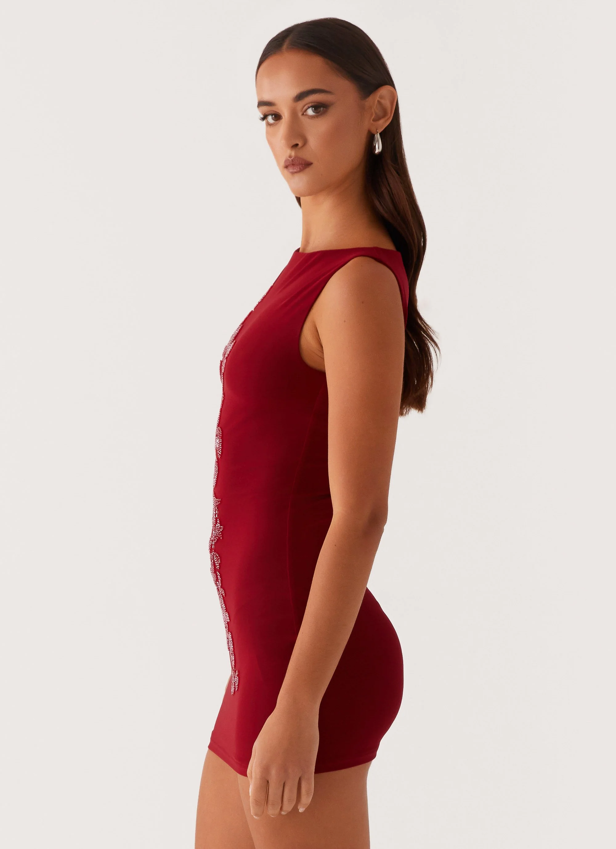 Matteo Beaded Mesh Mini Dress - Deep Red - Image 3