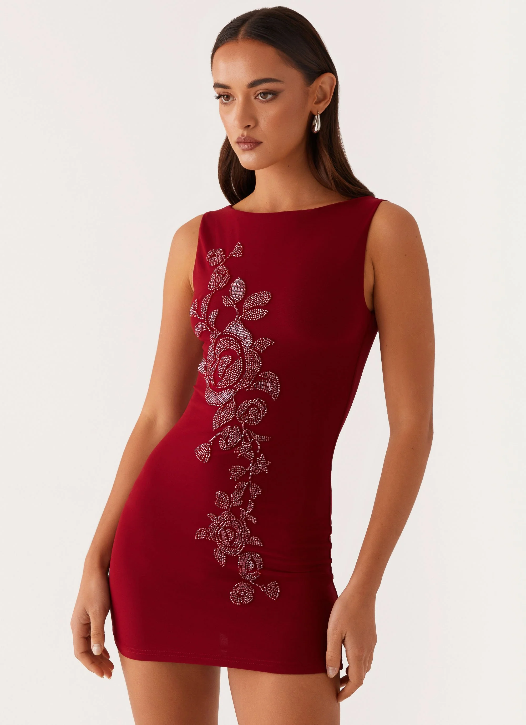Matteo Beaded Mesh Mini Dress - Deep Red - Image 5