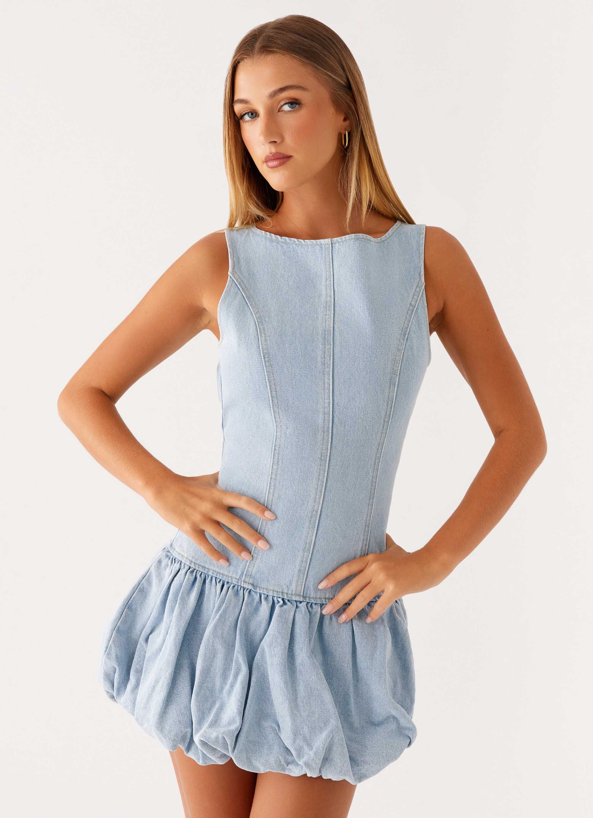 Meg Bubble Denim Mini Dress - Blue - Image 6
