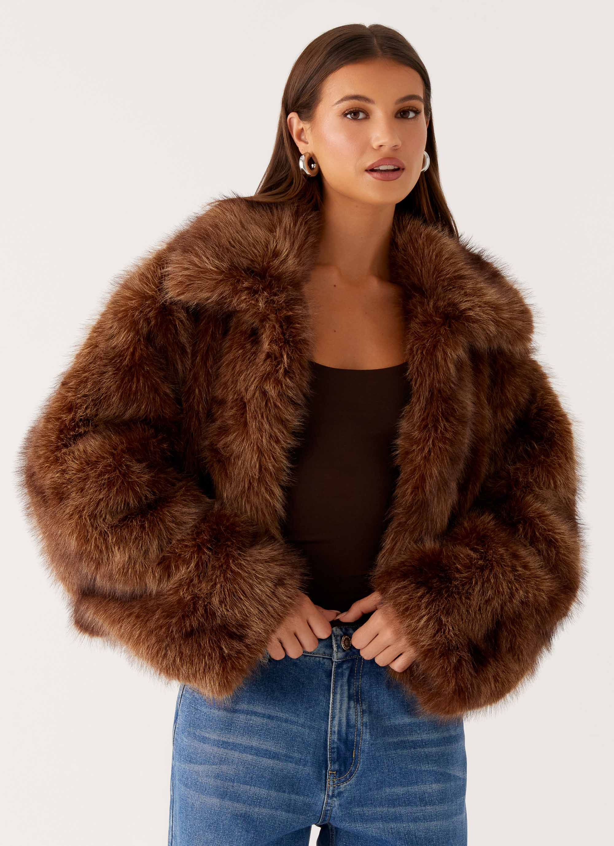 Miccy Cropped Faux Fur Coat - Chocolate - Image 2