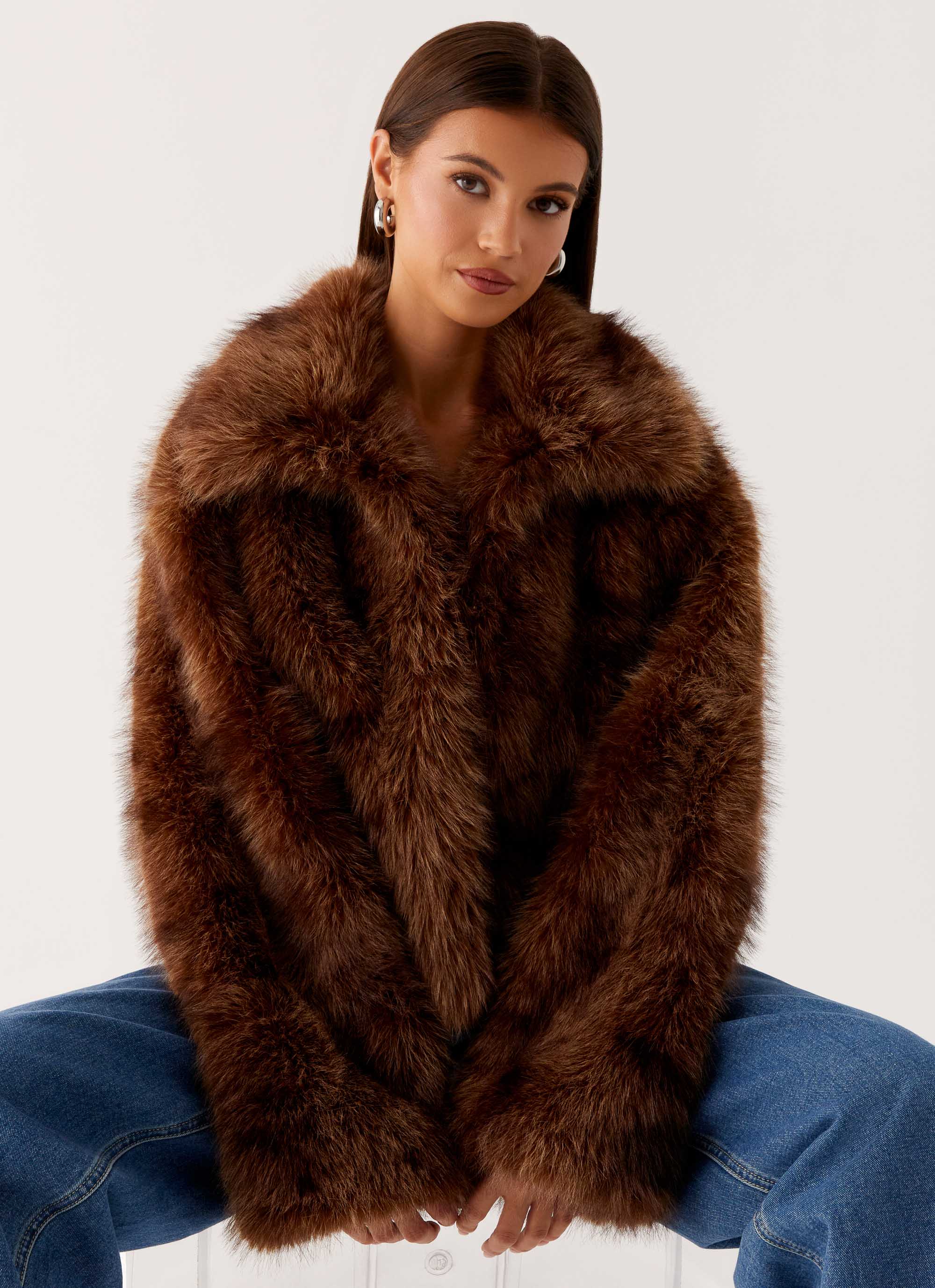 Miccy Cropped Faux Fur Coat - Chocolate - Image 7