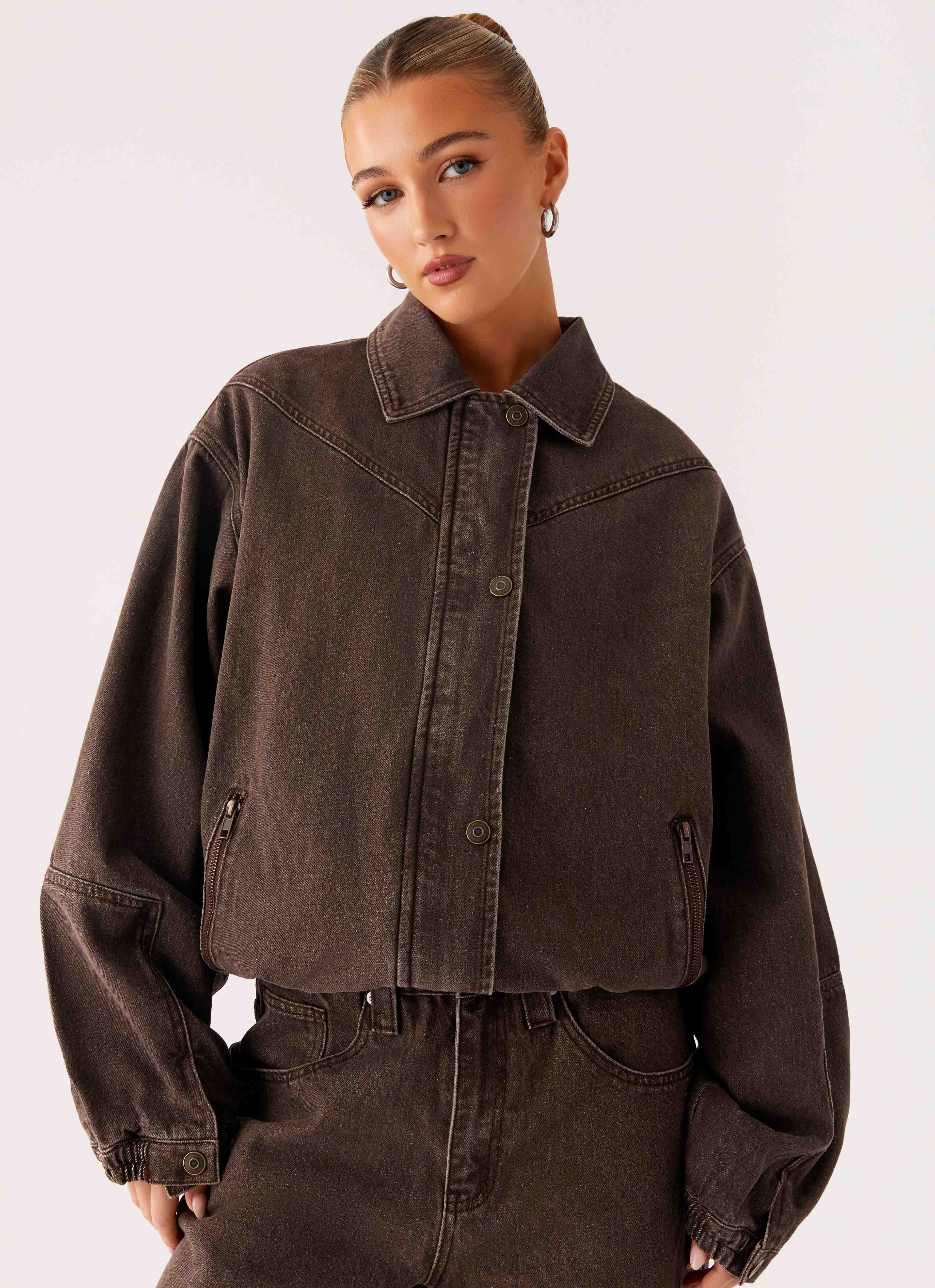 Midwest Washed Denim Bomber Jacket - Light Wash Chocolate - Image 5