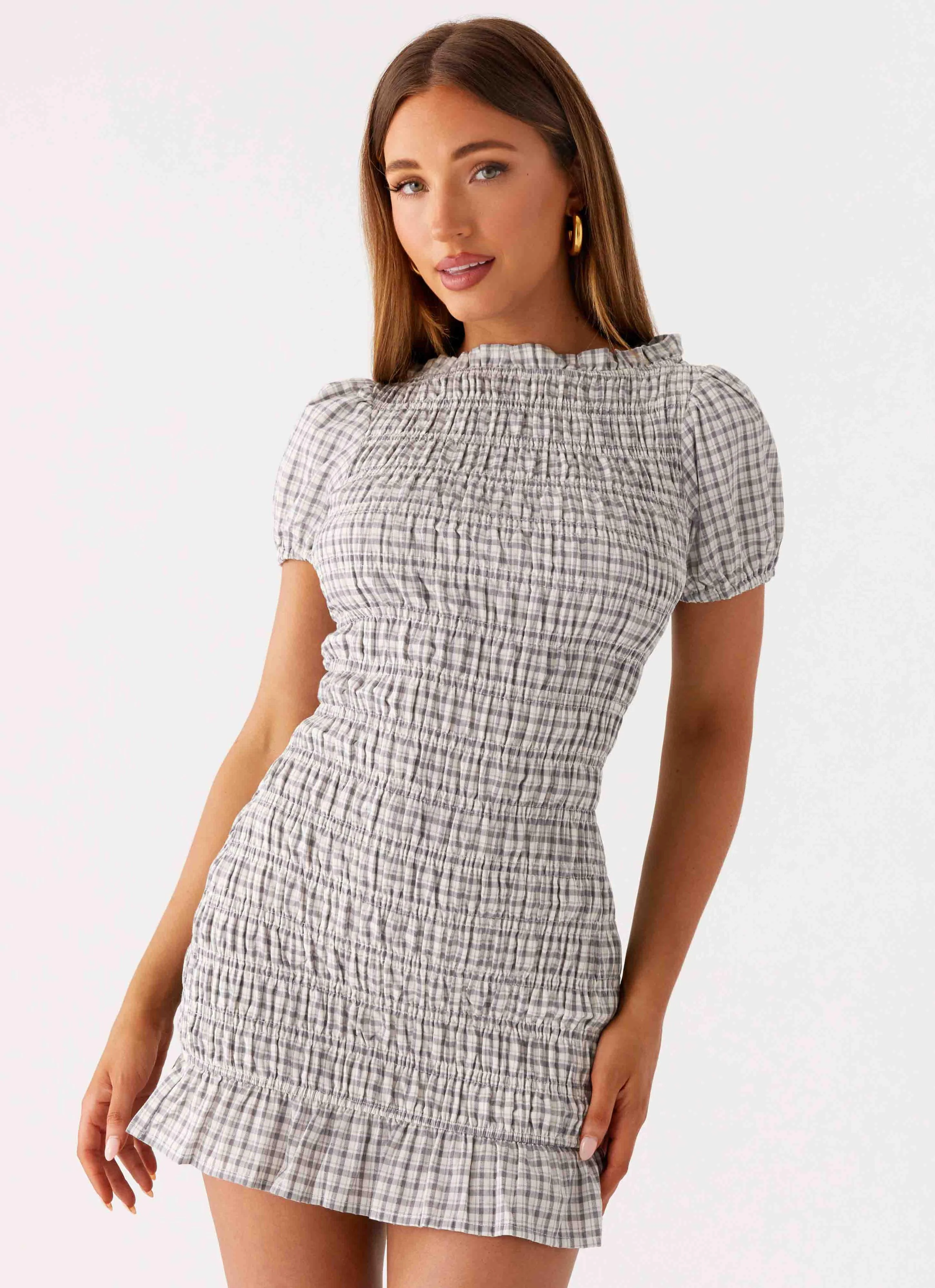 Millicent Ruched Mini Dress - Grey Check - Image 4