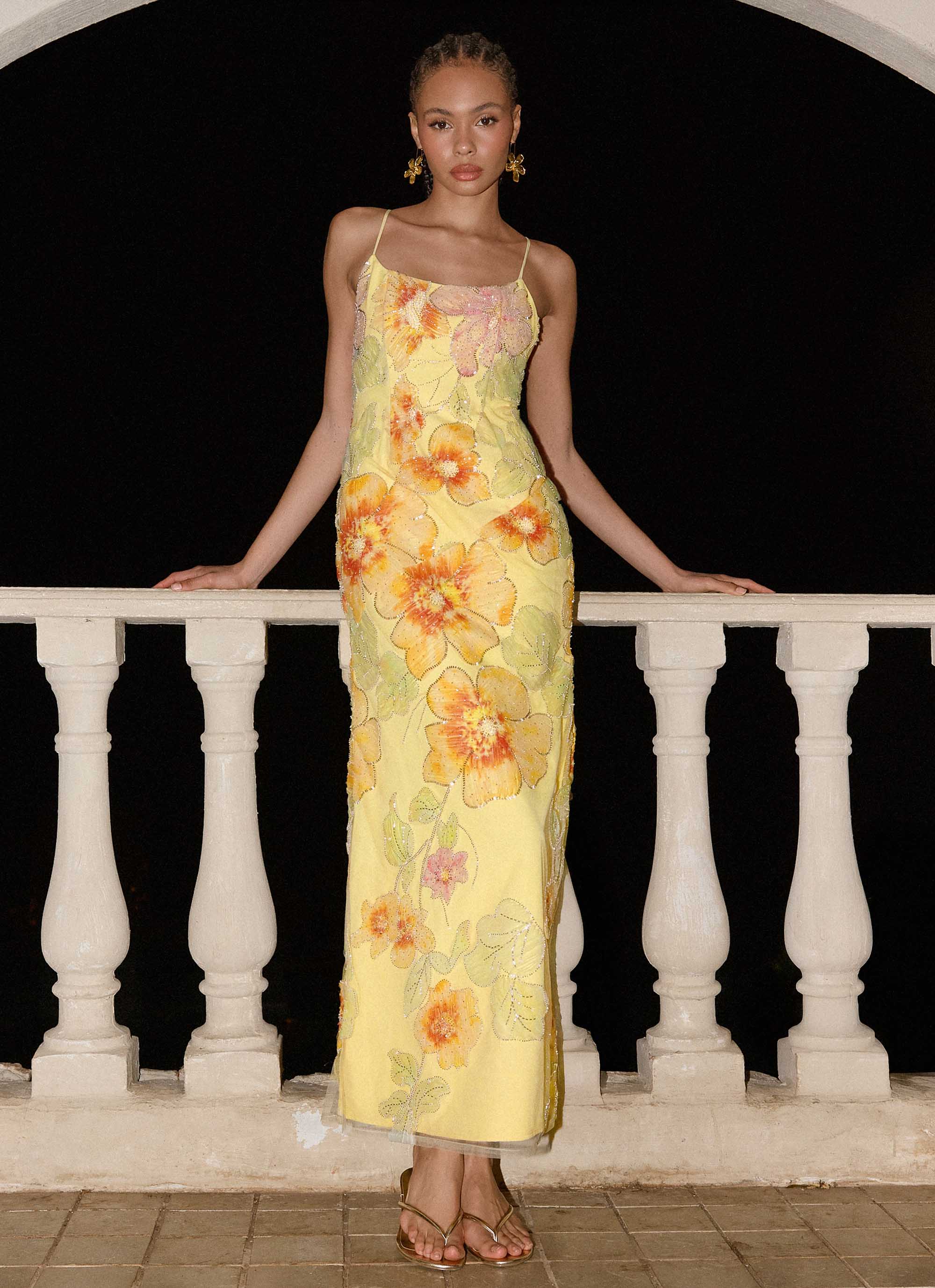 Morning Light Beaded Maxi Dress - Yellow Floral Beaded - Image 4