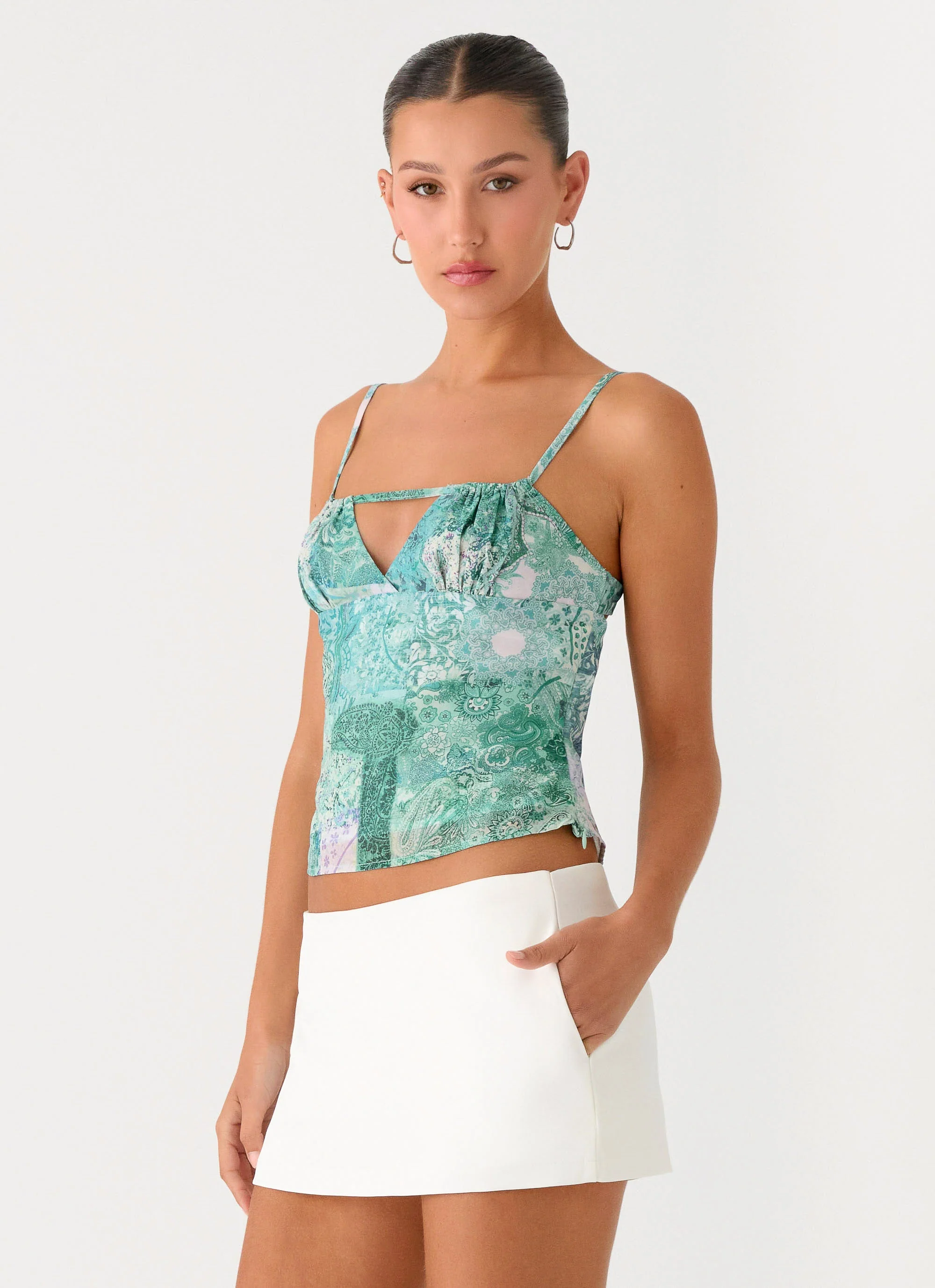 Nalini Ruched Neckline Top - Green Paisley - Image 5