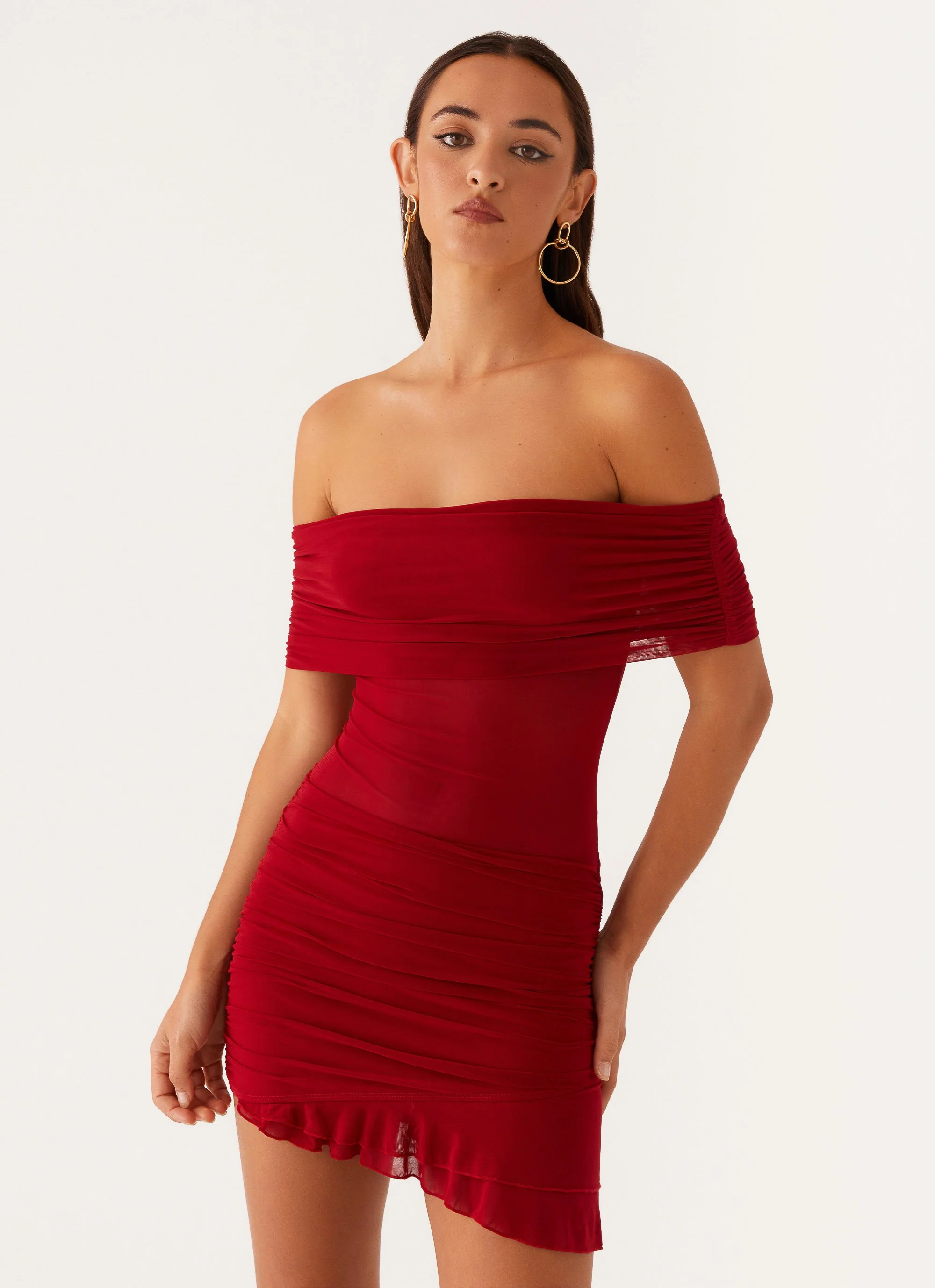 Nelly Off Shoulder Mini Dress - Deep Red - Image 5