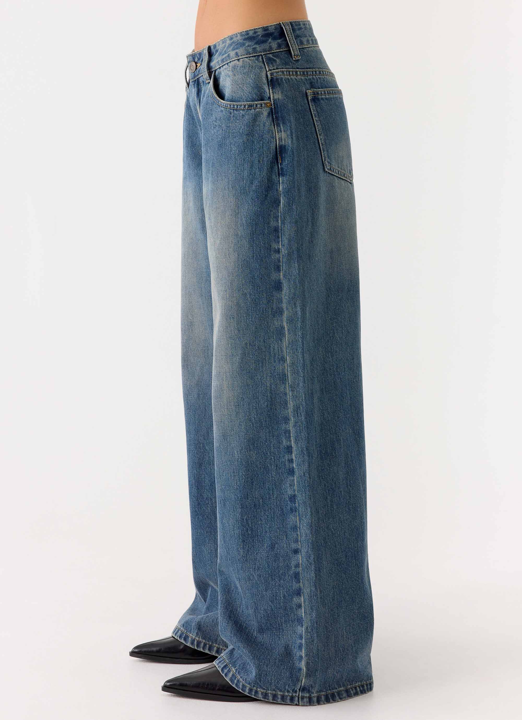 Neo Low Rise Wide Leg Denim Jeans - Vintage Blue Bleach Wash - Image 3