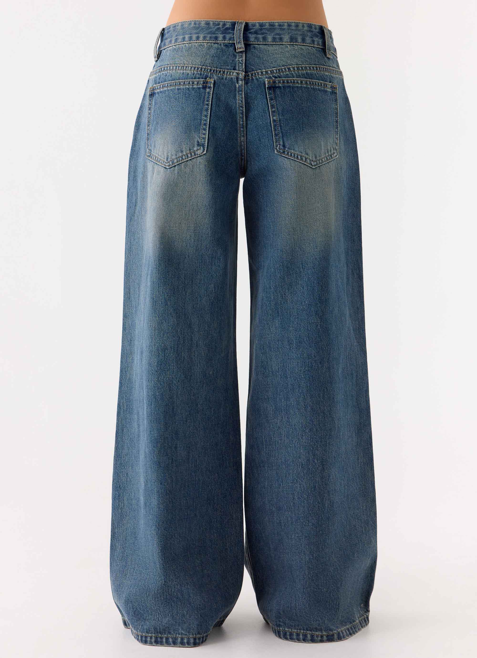 Neo Low Rise Wide Leg Denim Jeans - Vintage Blue Bleach Wash - Image 4
