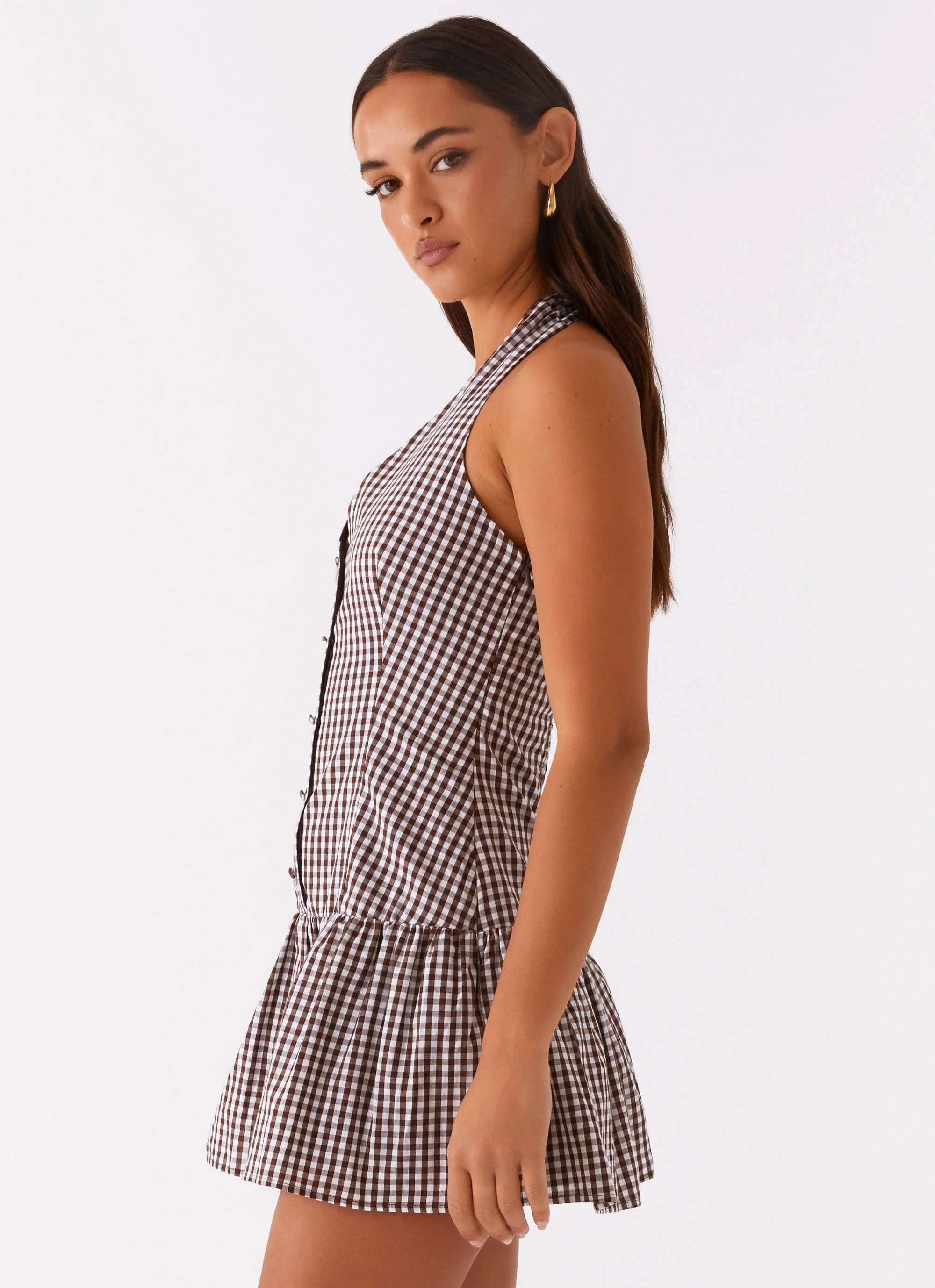 New Look Shirred Halter Mini Dress - Chocolate Gingham - Image 3