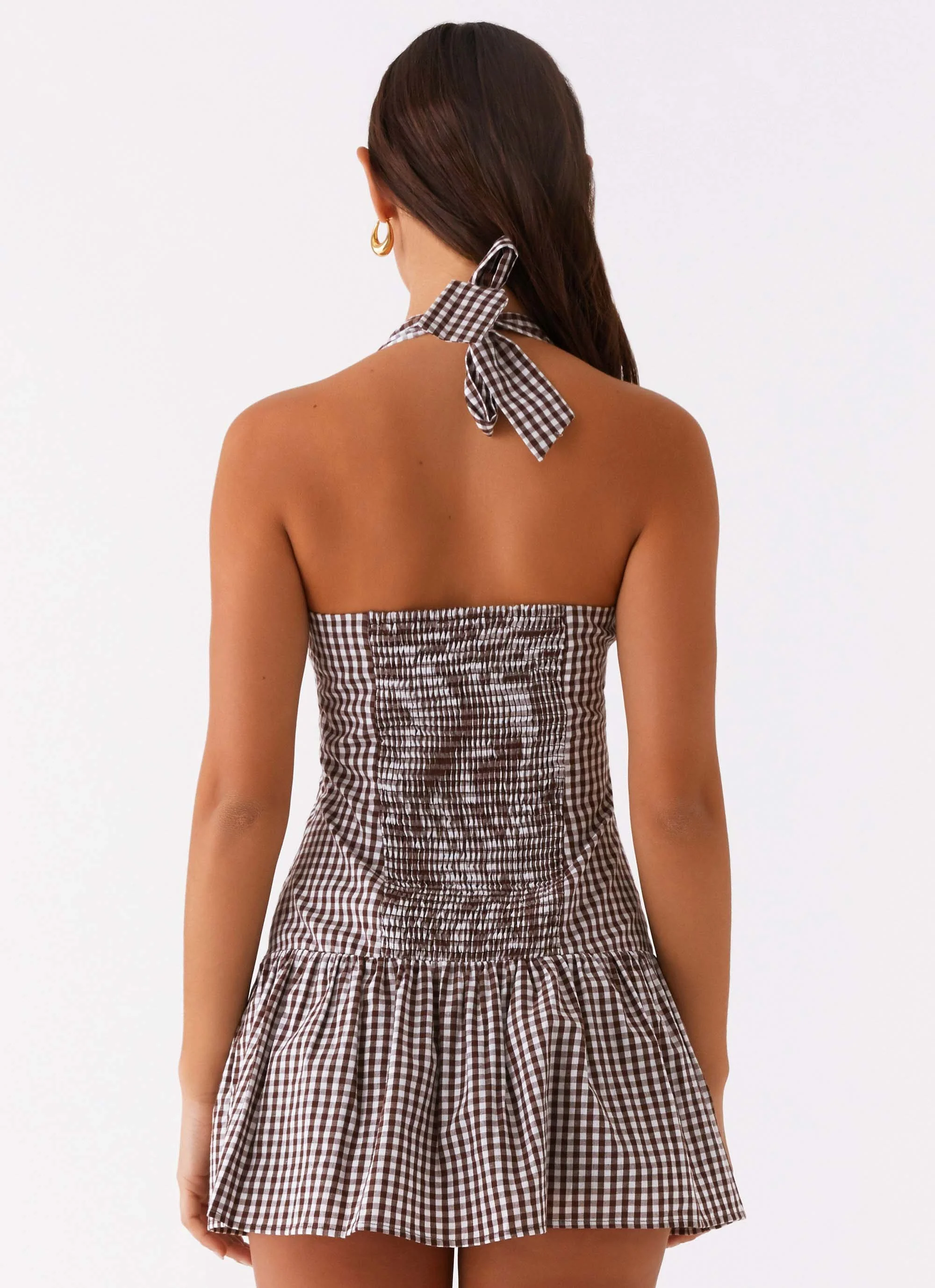 New Look Shirred Halter Mini Dress - Chocolate Gingham - Image 4