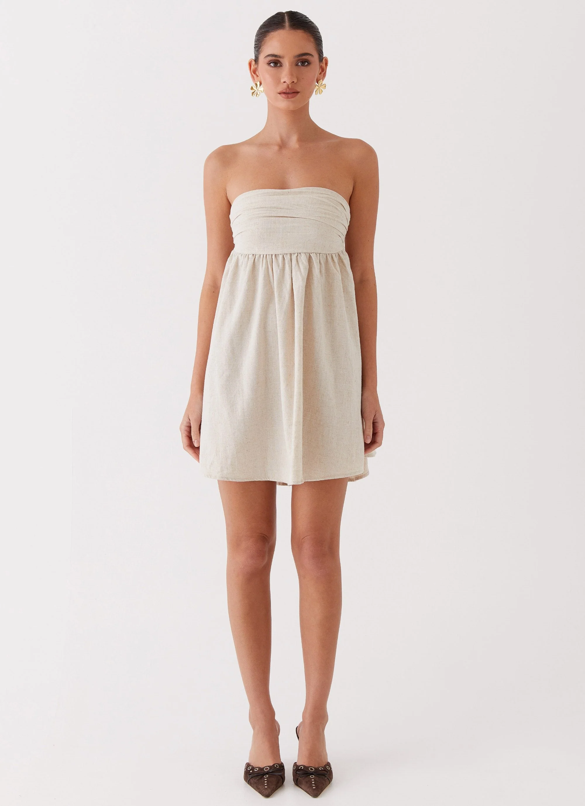 Night Changes Linen Mini Dress - Oatmeal - Image 2