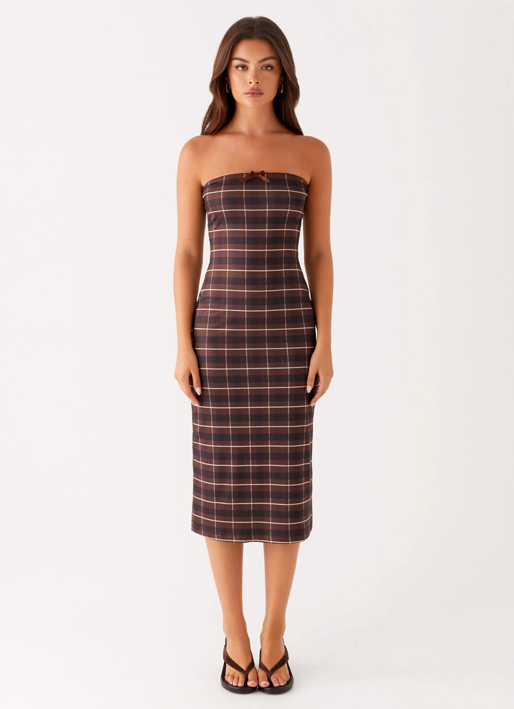 Niko Strapless Midi Dress - Brown Black Check - Image 2