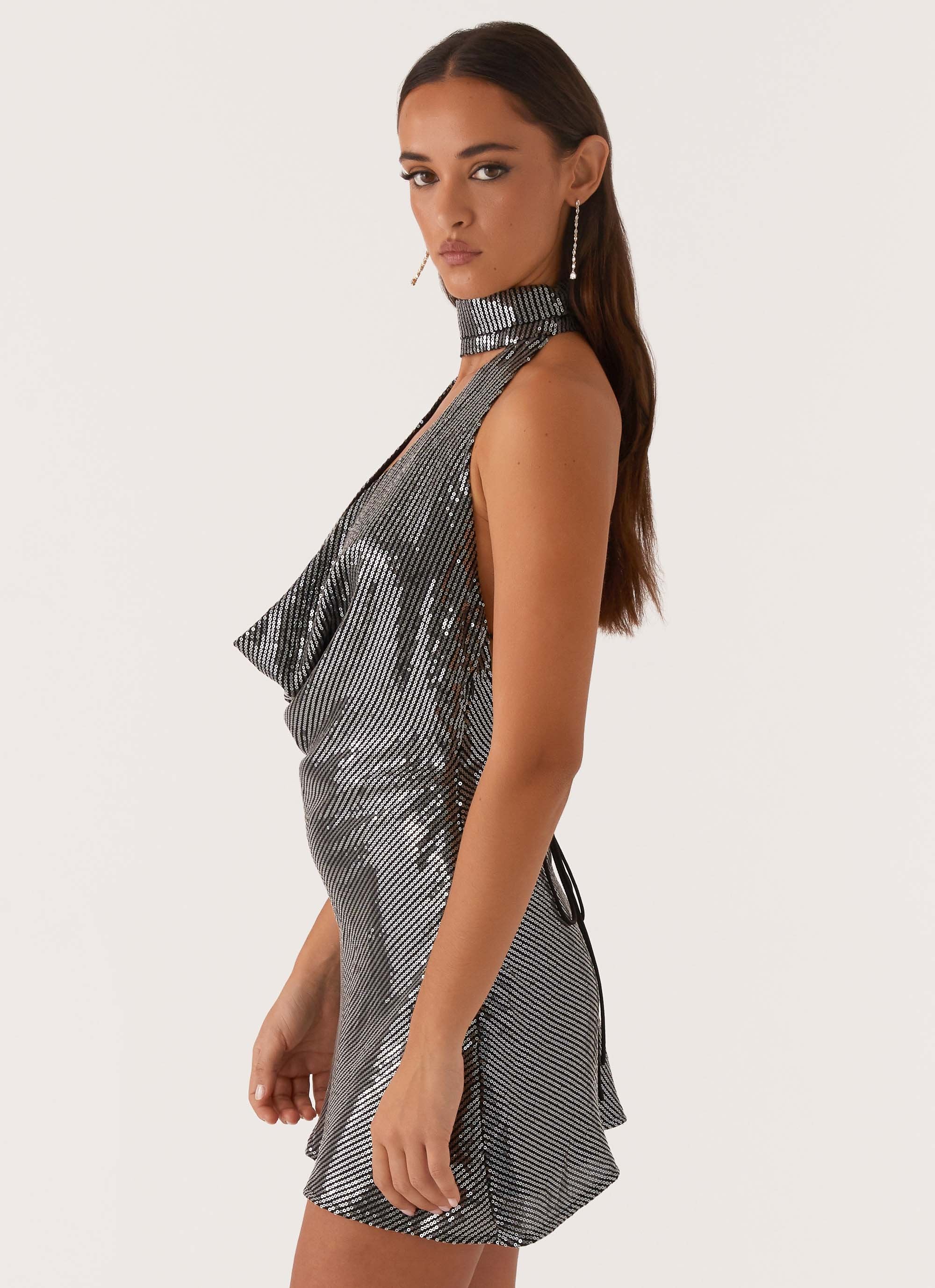 Nora Sequin Cowl Neck Mini Dress - Black - Image 3