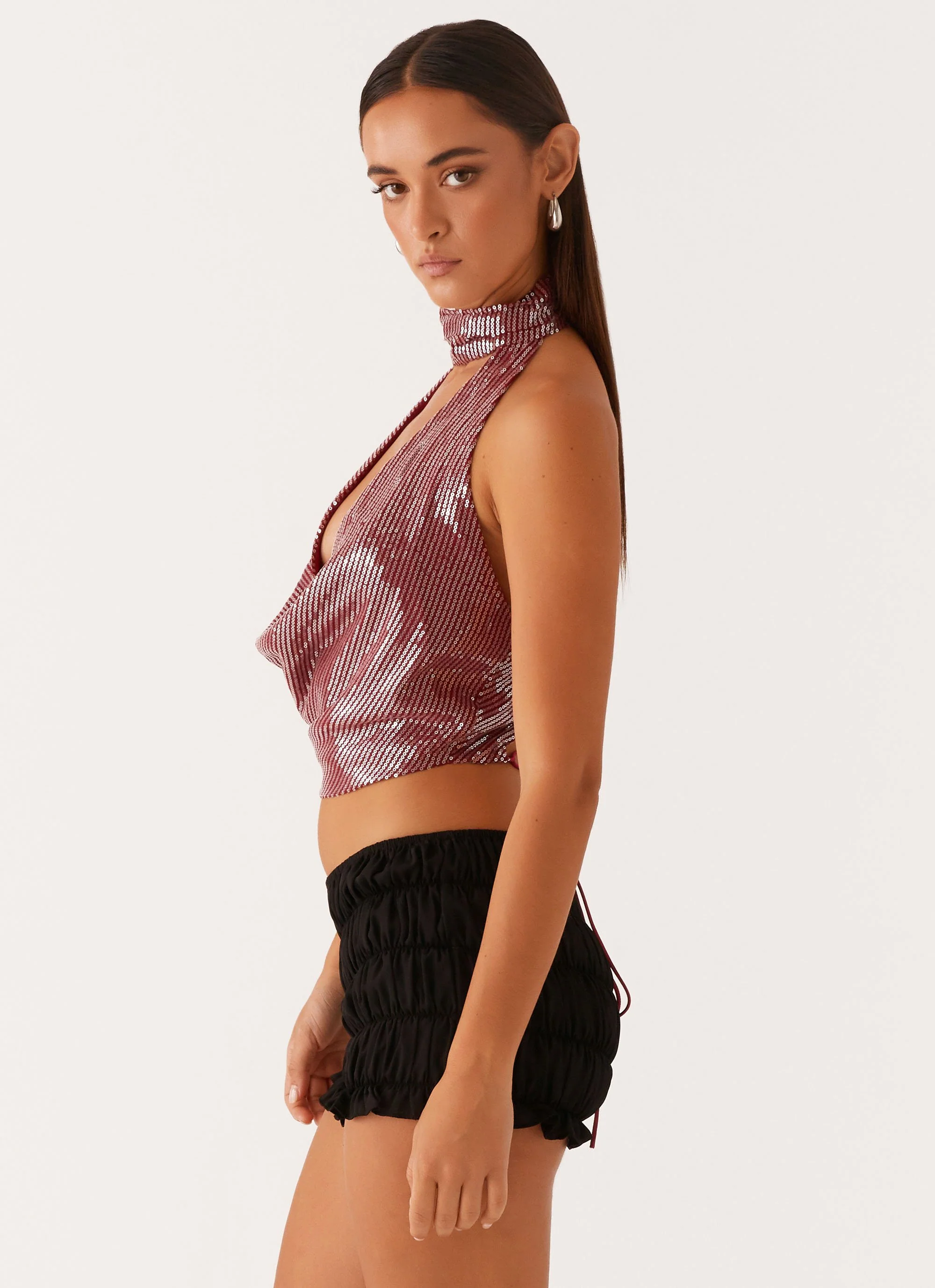 Nora Sequin Cowl Top - Red - Image 3