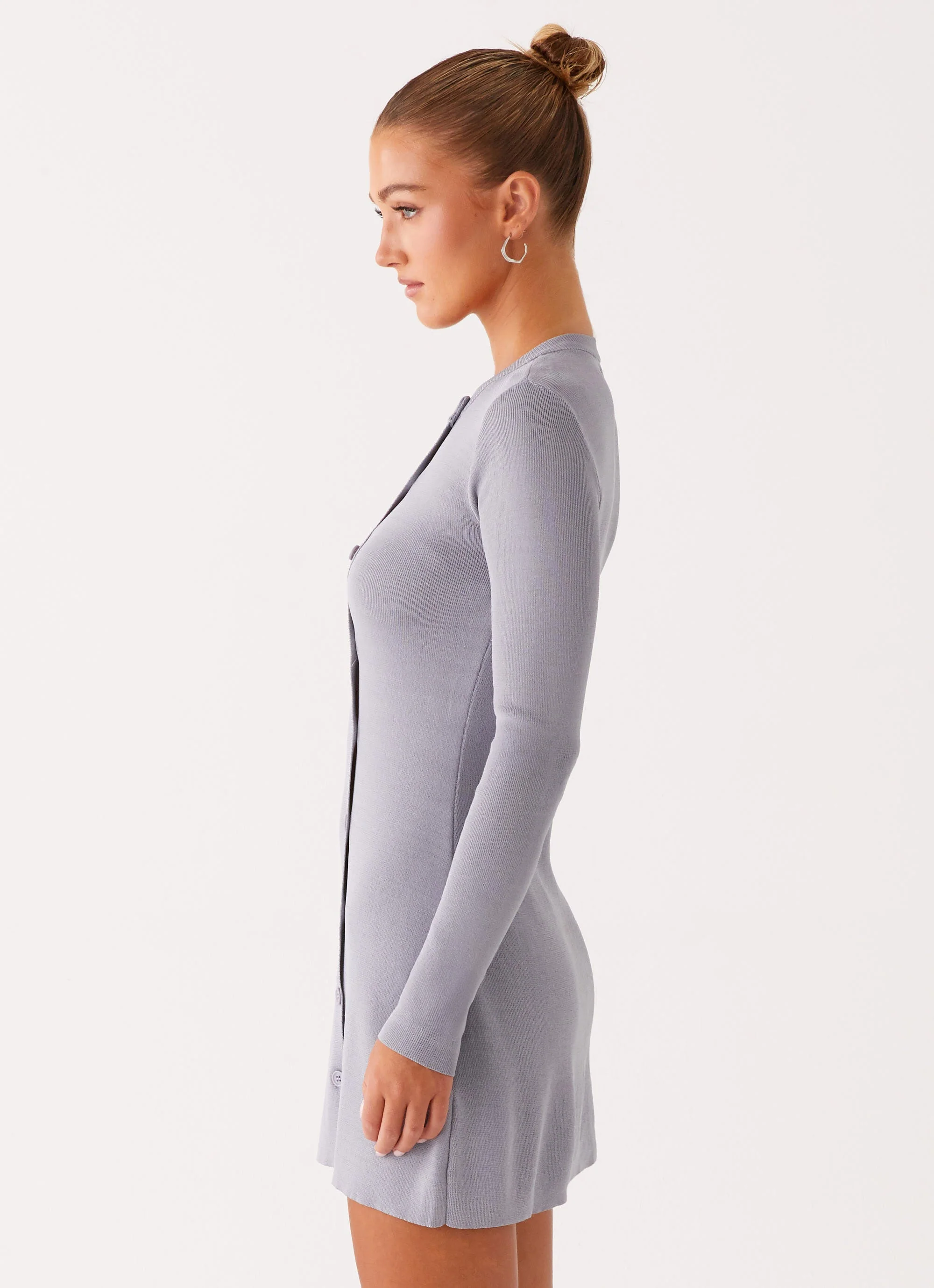 Not One Time Long Sleeve Knit Mini Dress - Grey - Image 3