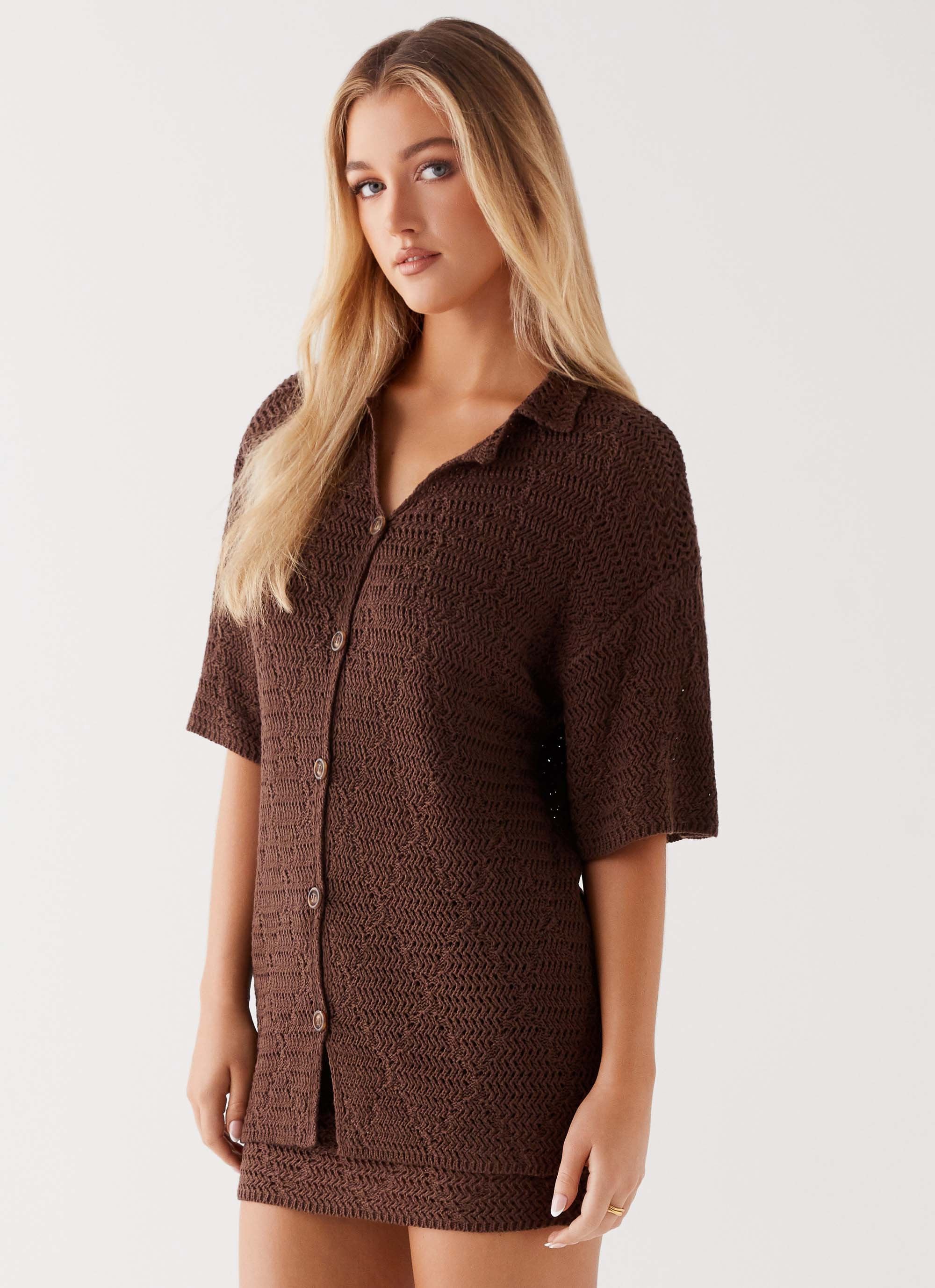 Nylah Oversized Crochet Shirt - Chocolate - Image 3