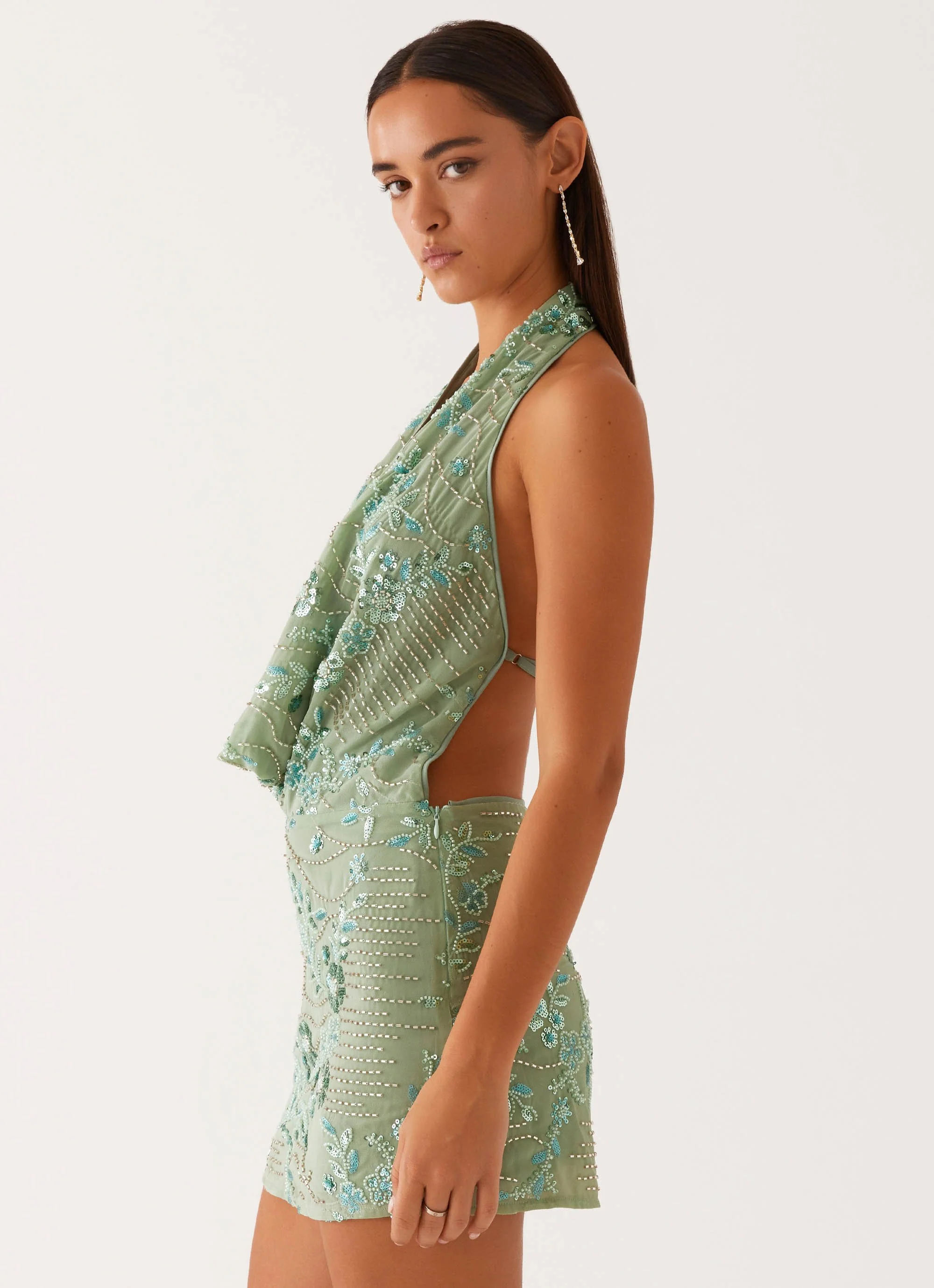 Olisa Cowl Neck Beaded Mini Dress - Mint - Image 4
