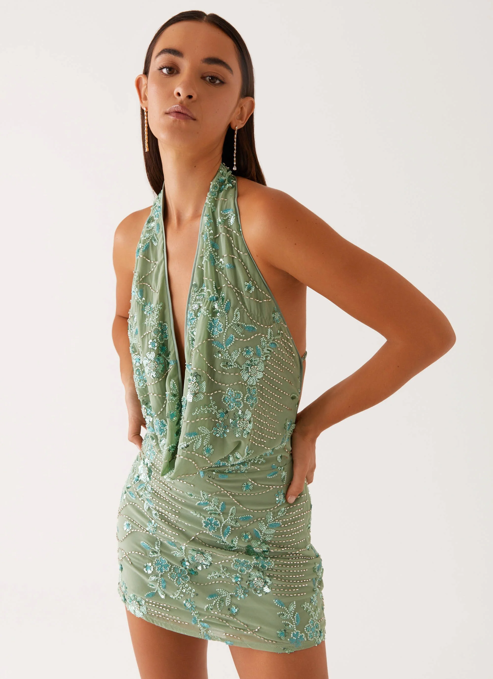 Olisa Cowl Neck Beaded Mini Dress - Mint - Image 5