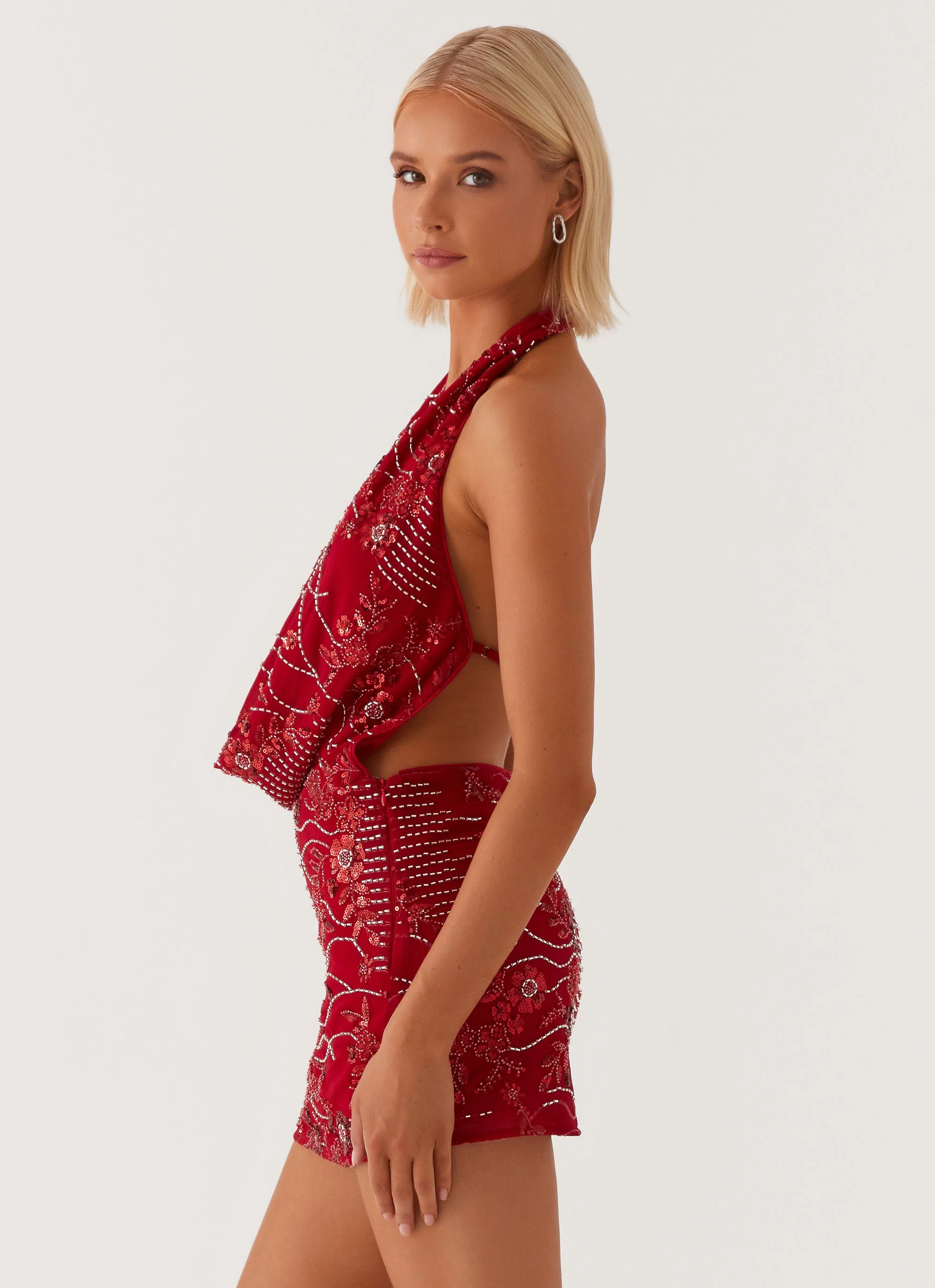Olisa Cowl Neck Beaded Mini Dress - Red - Image 4
