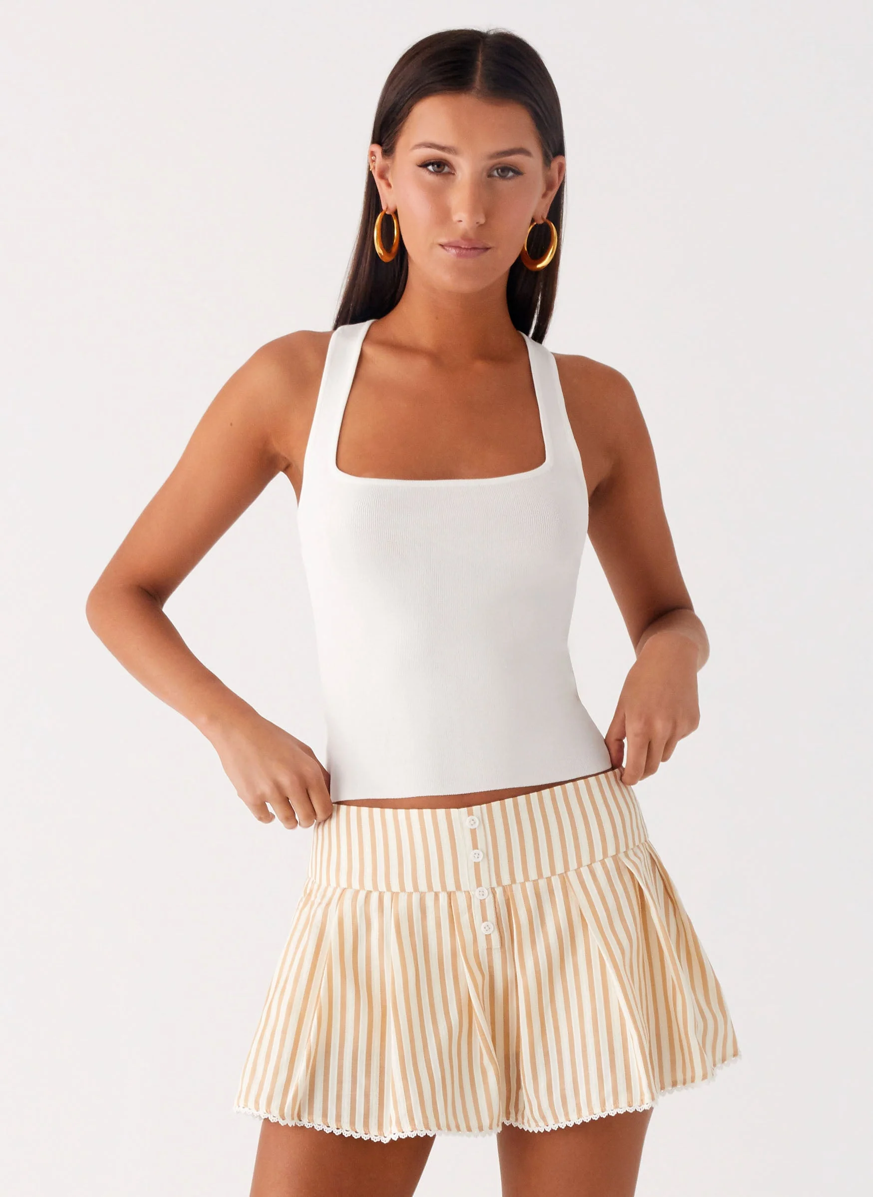 Oliviana Pleated Mini Skort - Taupe Stripe - Image 6