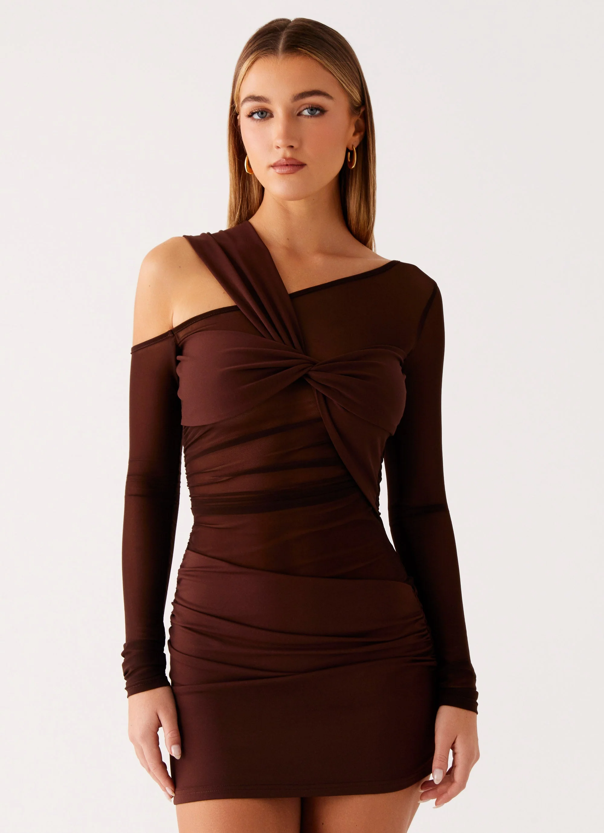 Ophelie Asymmetric Long Sleeve Mini Dress - Chocolate - Image 4