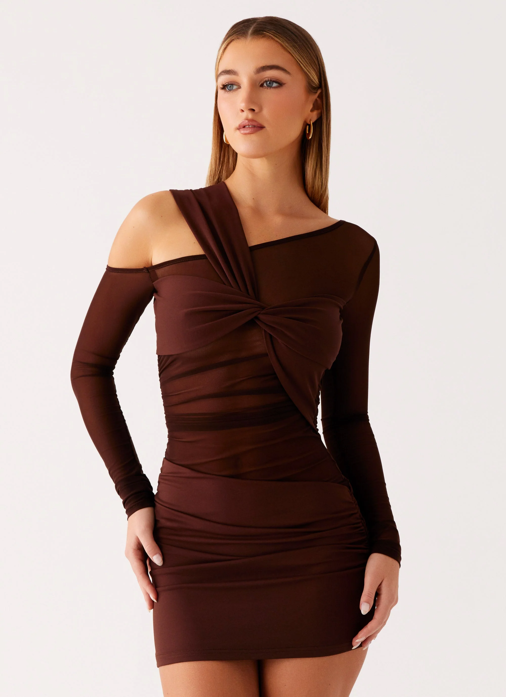 Ophelie Asymmetric Long Sleeve Mini Dress - Chocolate - Image 5
