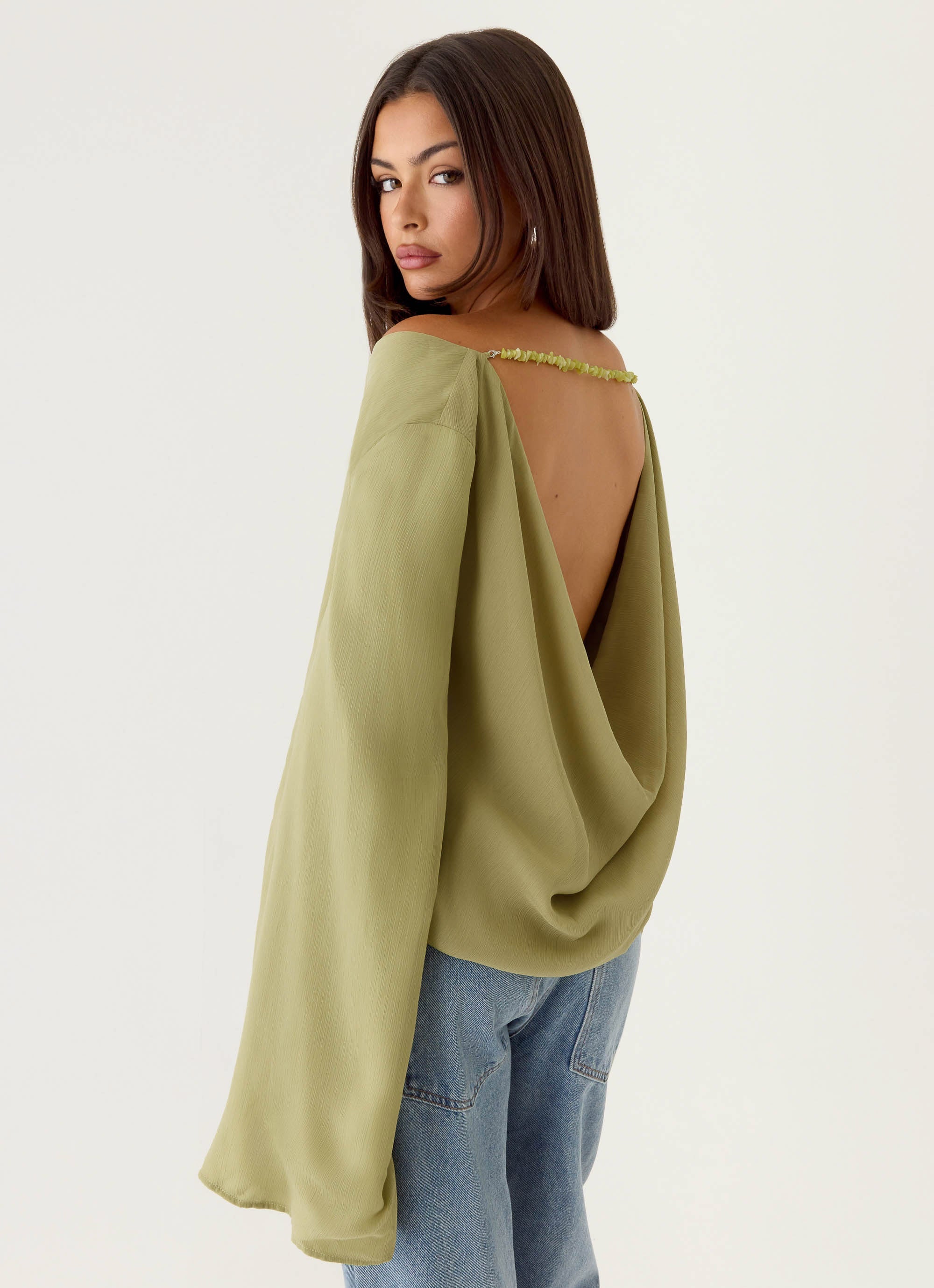 Orelia Long Sleeve Top - Green Olive - Image 4