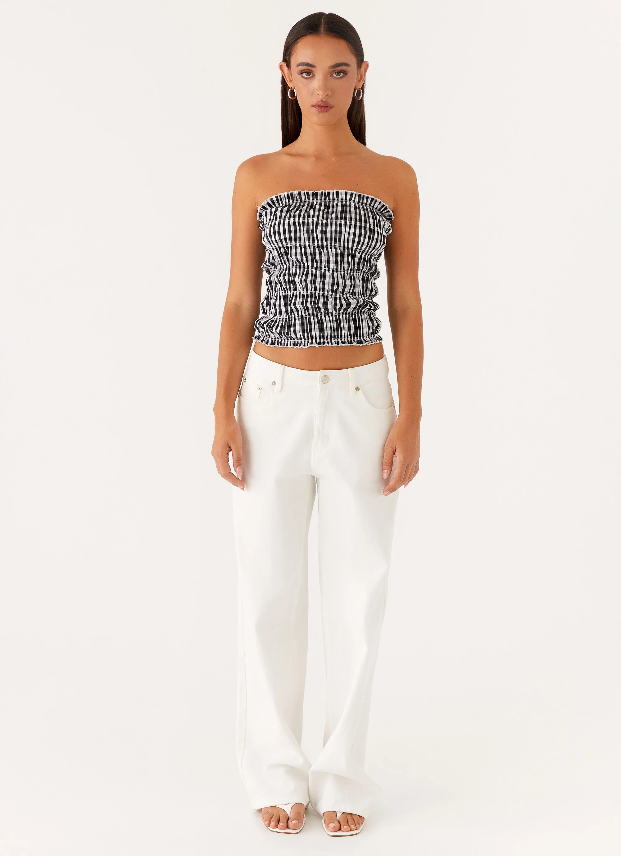 Orion Strapless Ruched Top - Black/White Gingham - Image 2