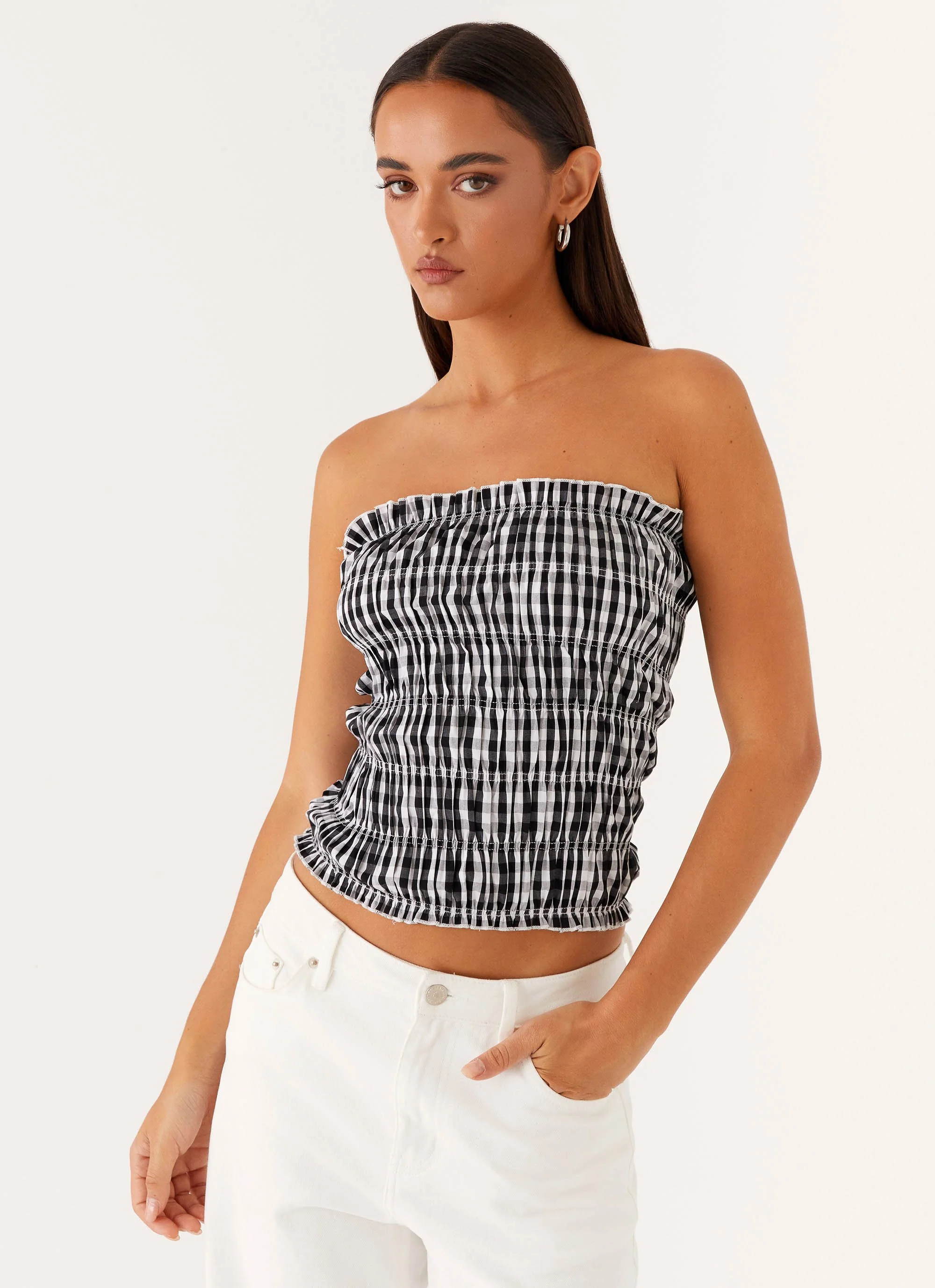 Orion Strapless Ruched Top - Black/White Gingham - Image 5