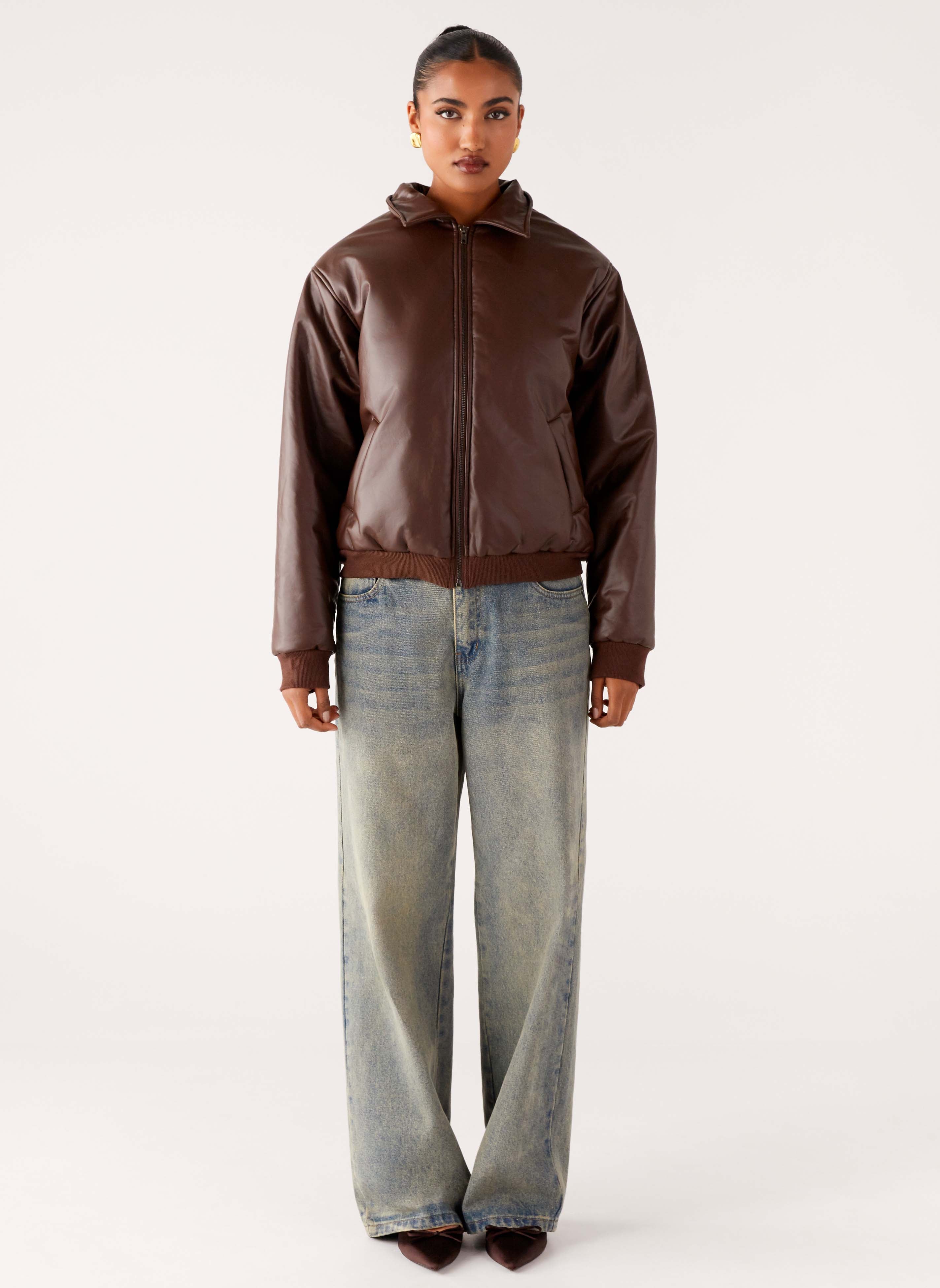 Outlands Faux Leather Bomber Jacket - Chocolate - Image 2