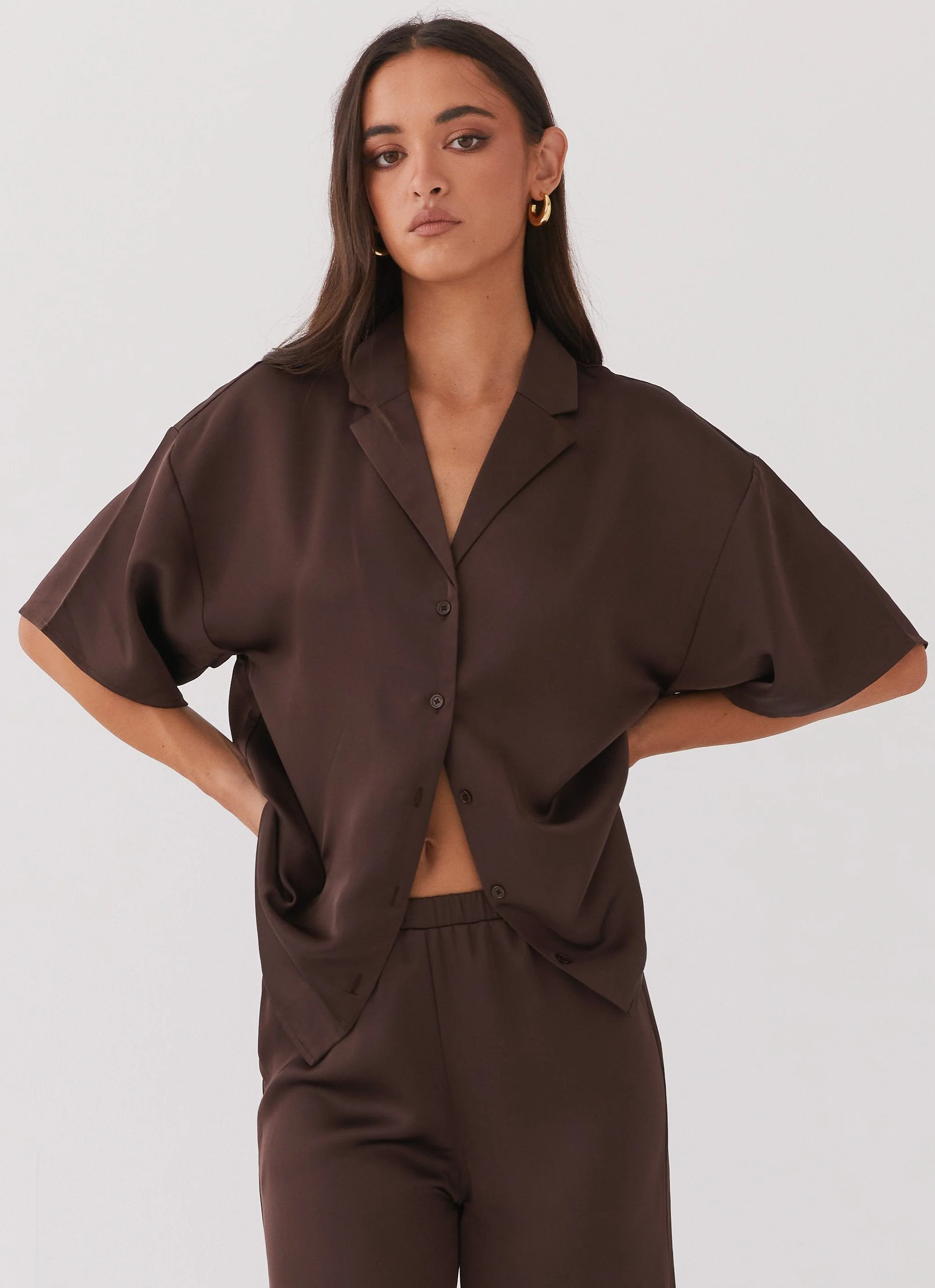 Palm Cove Satin Shirt - Chocolate - Image 3