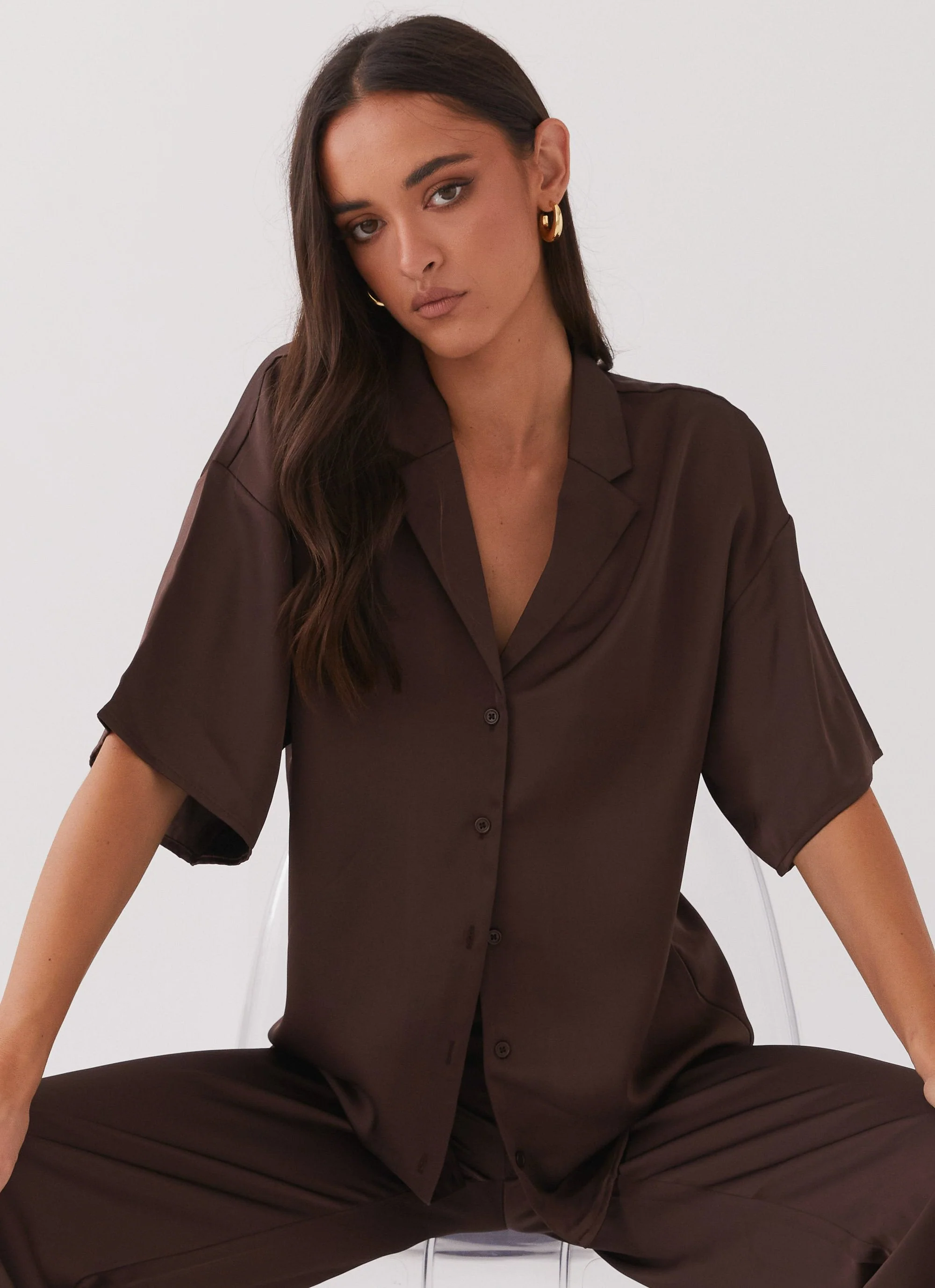 Palm Cove Satin Shirt - Chocolate - Image 6
