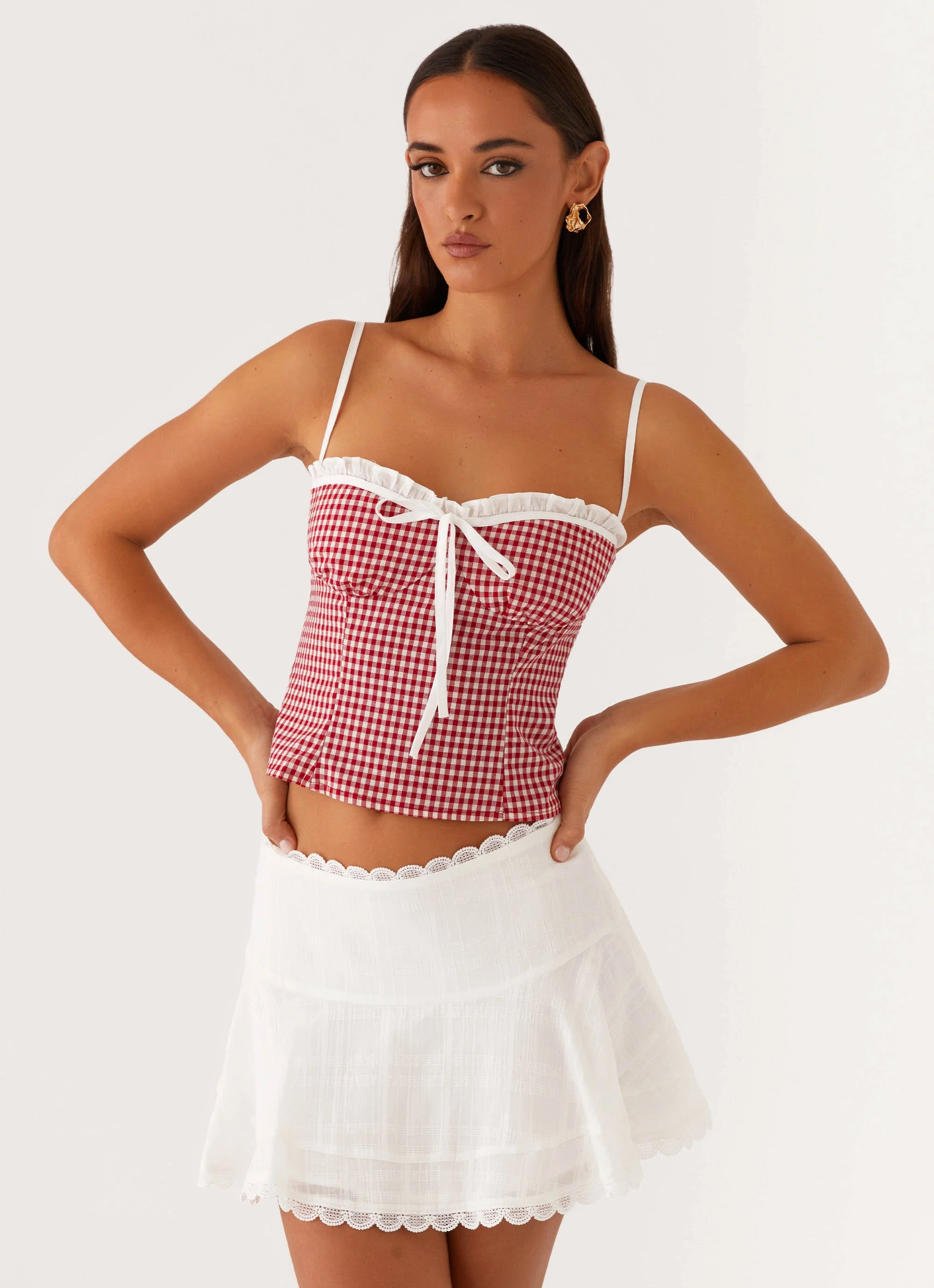Palmer Ruffle Bustier Top - Red Gingham - Image 5