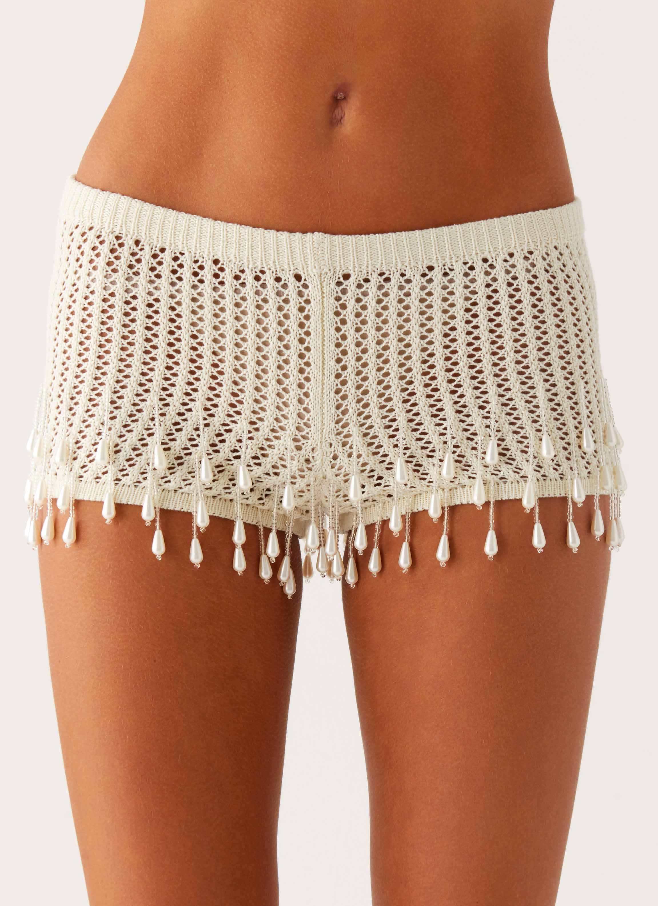 Pearl Shore Beaded Crochet Mini Shorts - Ivory - Image 5