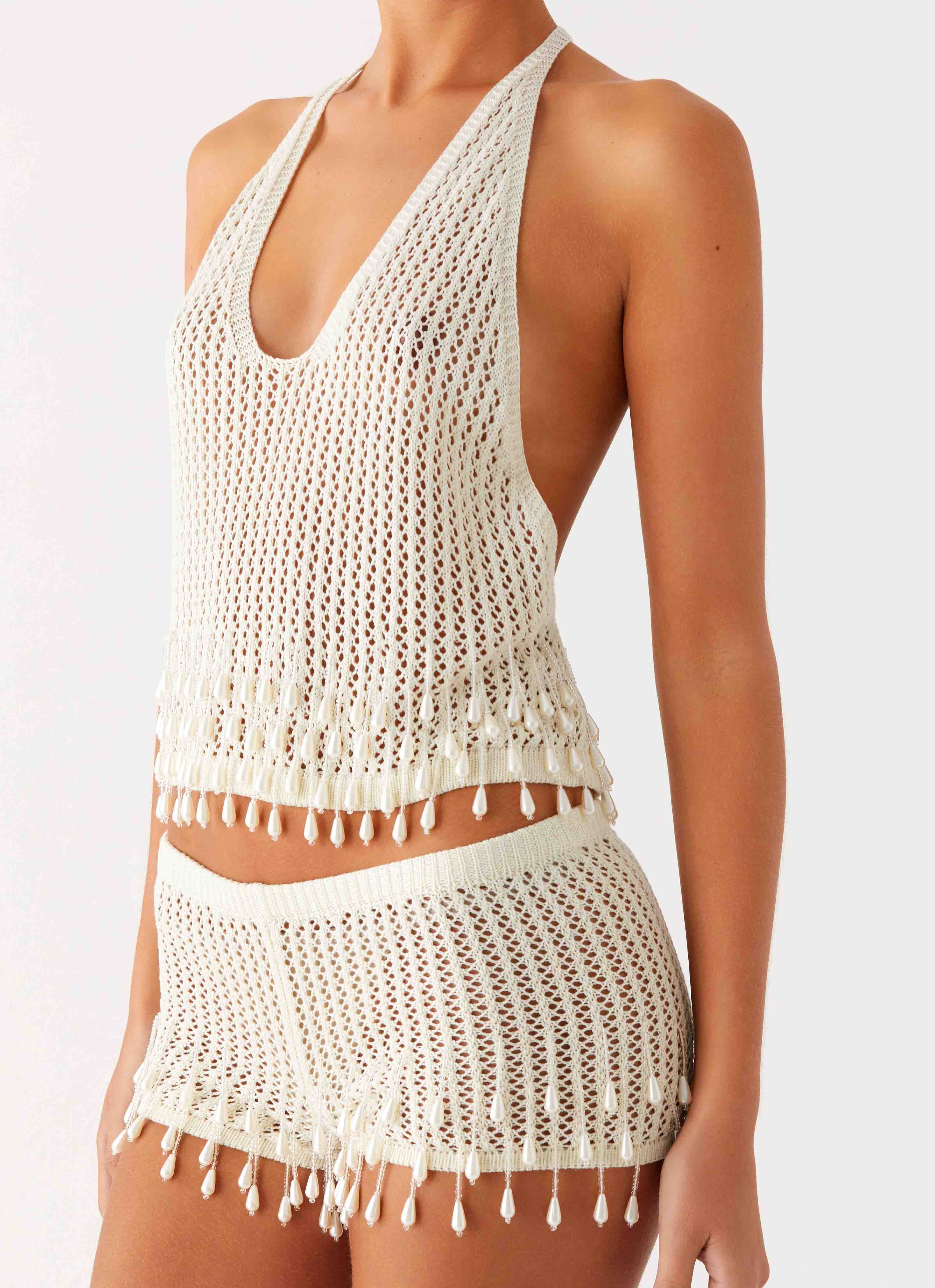 Pearl Shore Beaded Crochet Top - Ivory - Image 6