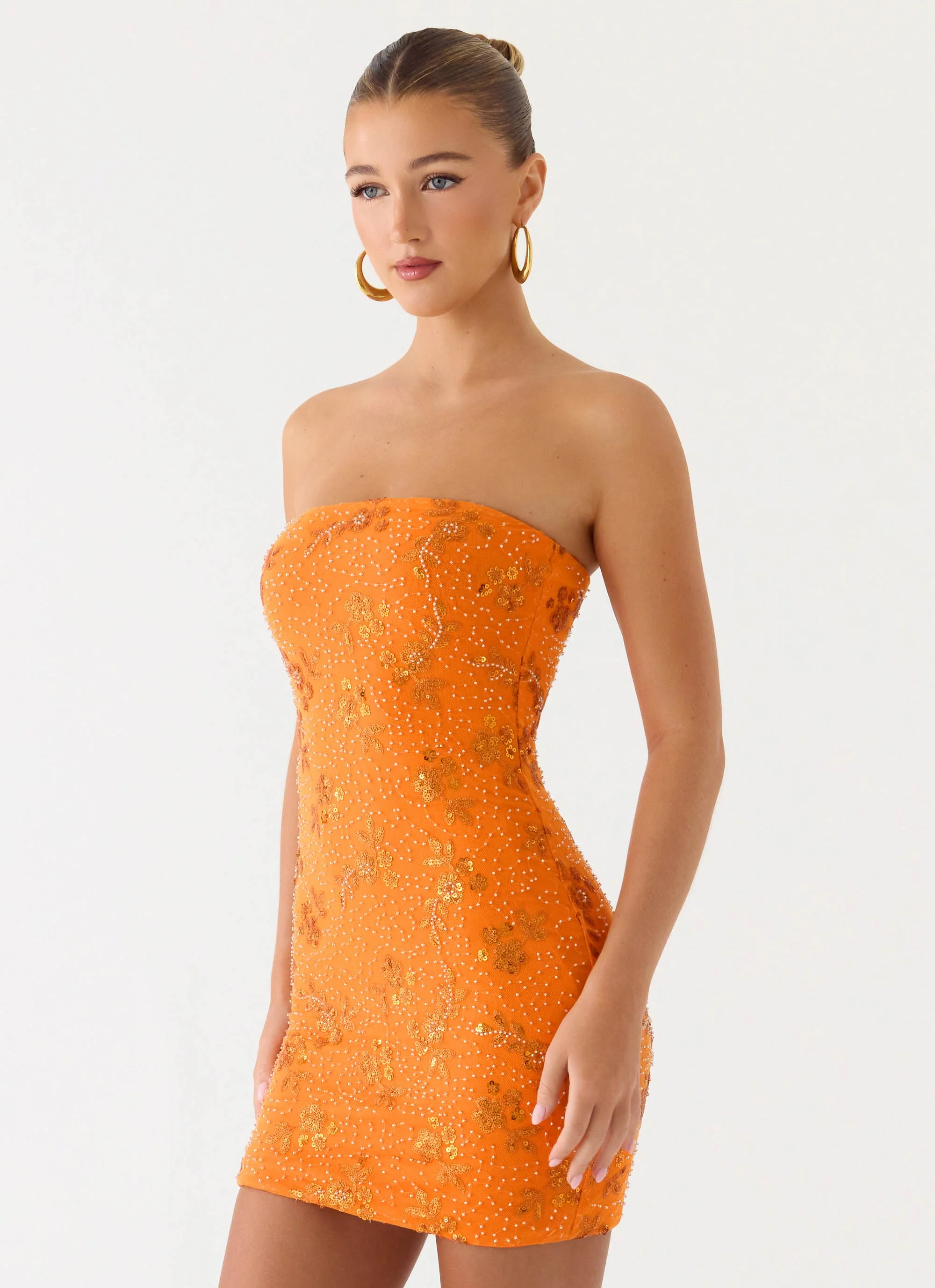 Push Back Beaded Sequin Mini Dress - Orange - Image 3