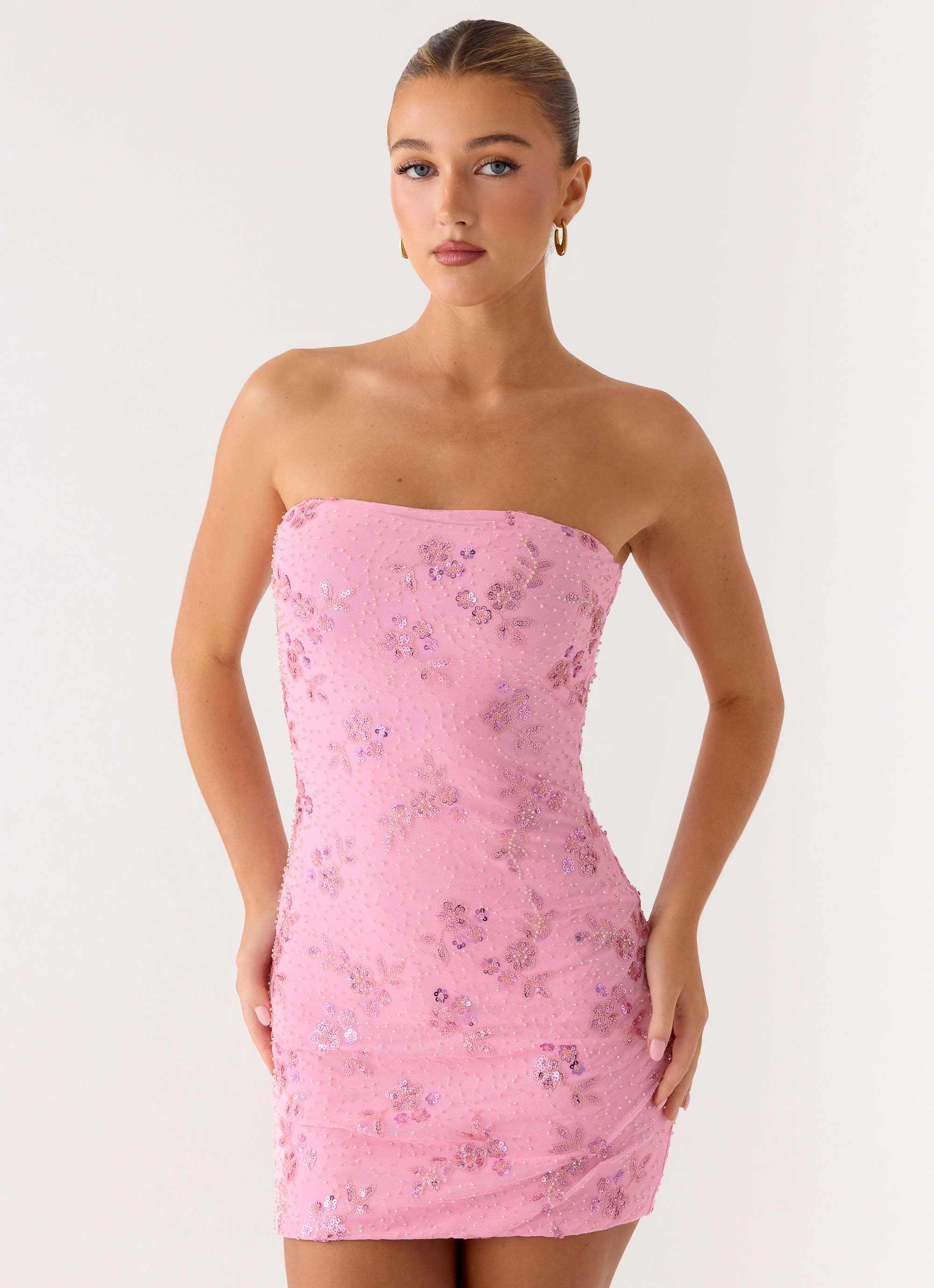 Push Back Beaded Sequin Mini Dress - Pink - Image 7
