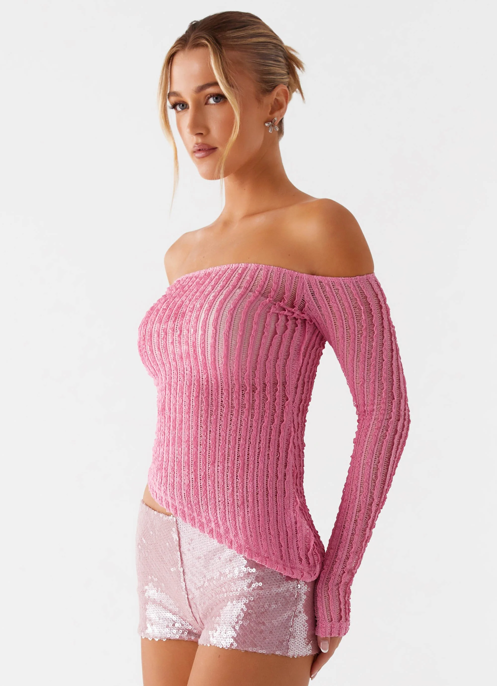 Raquel Off Shoulder Long Sleeve Top - Pink - Image 5