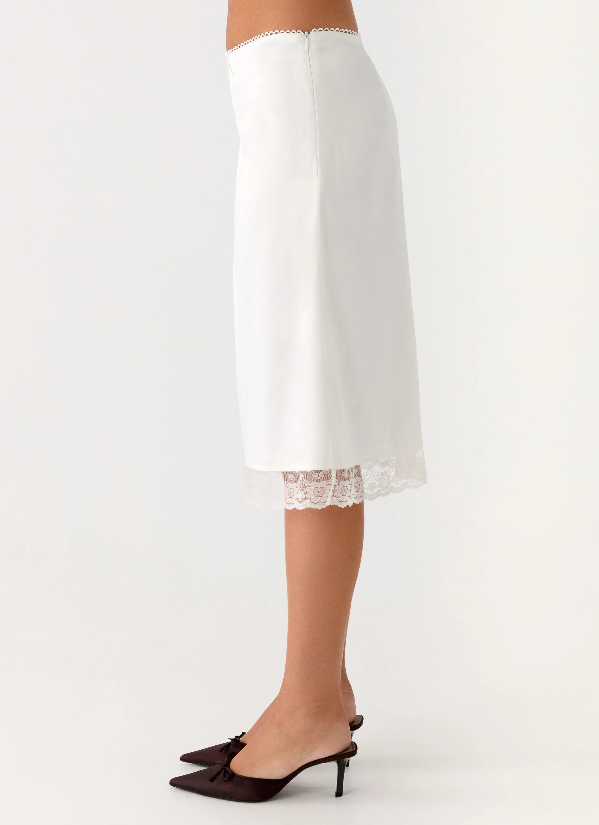 Rina Low Rise Satin Midi Skirt - White - Image 4