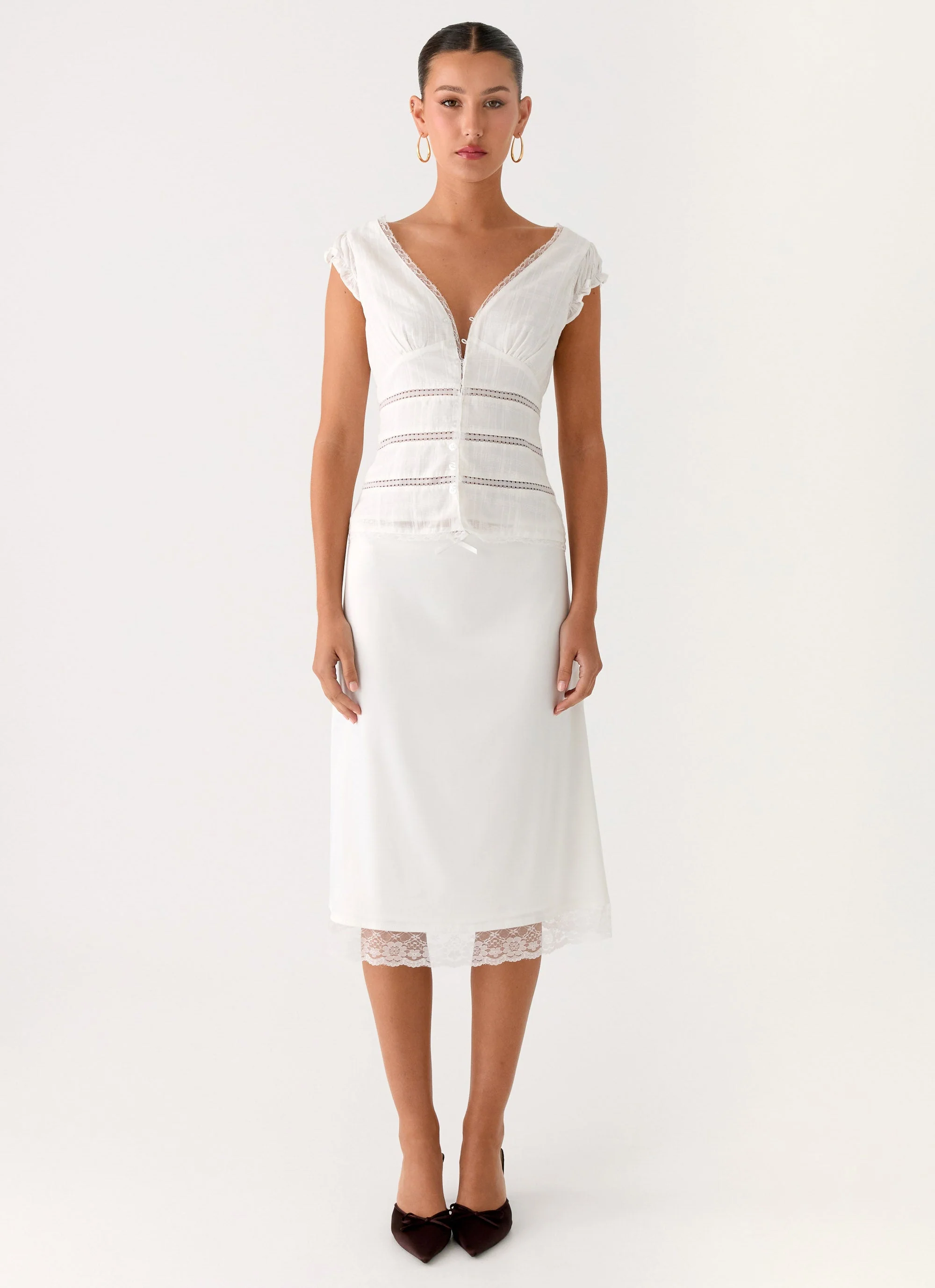 Rina Low Rise Satin Midi Skirt - White - Image 6