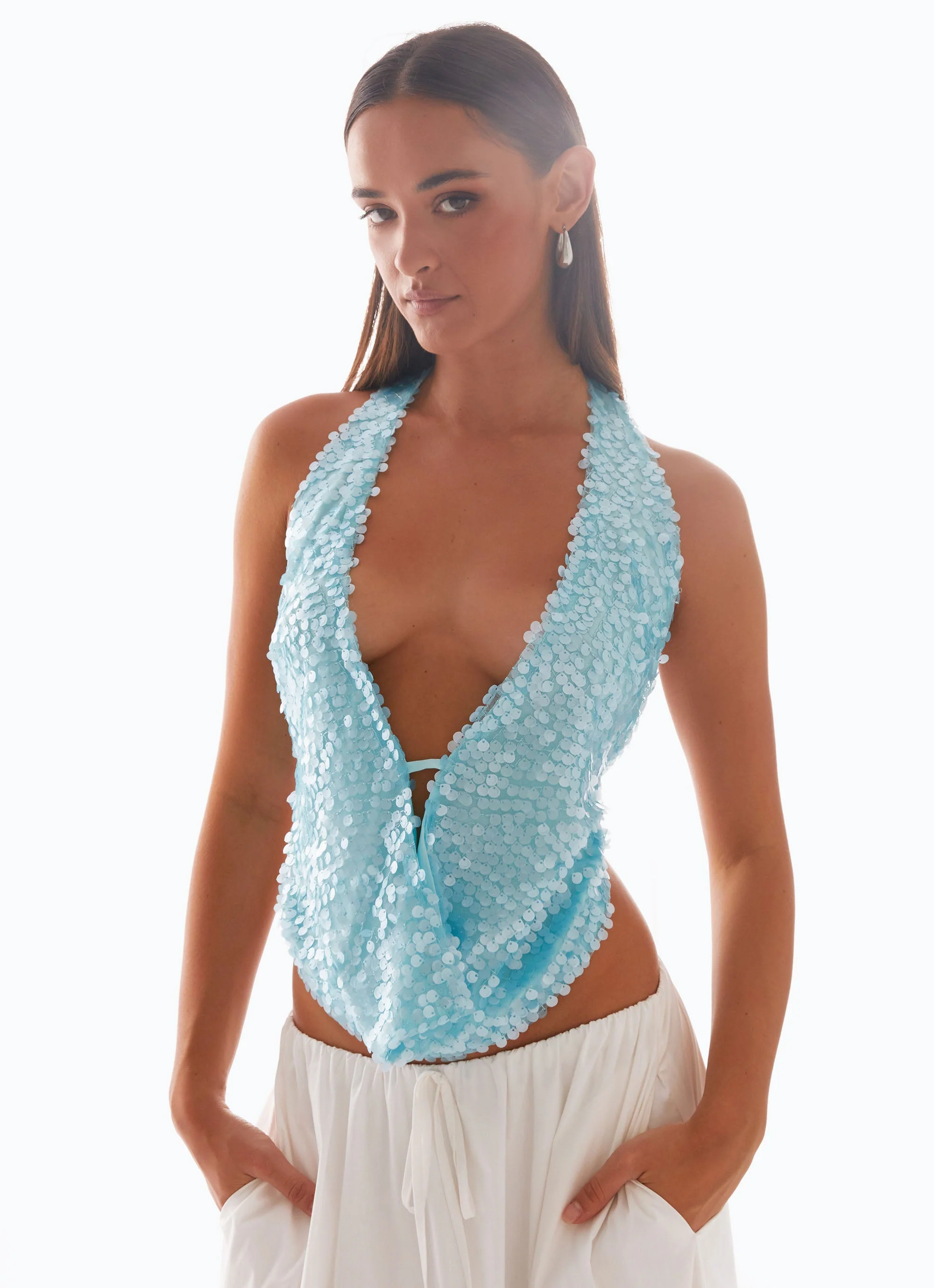 Rio Dreams Cowl Neck Halter Top - Turquoise - Image 6