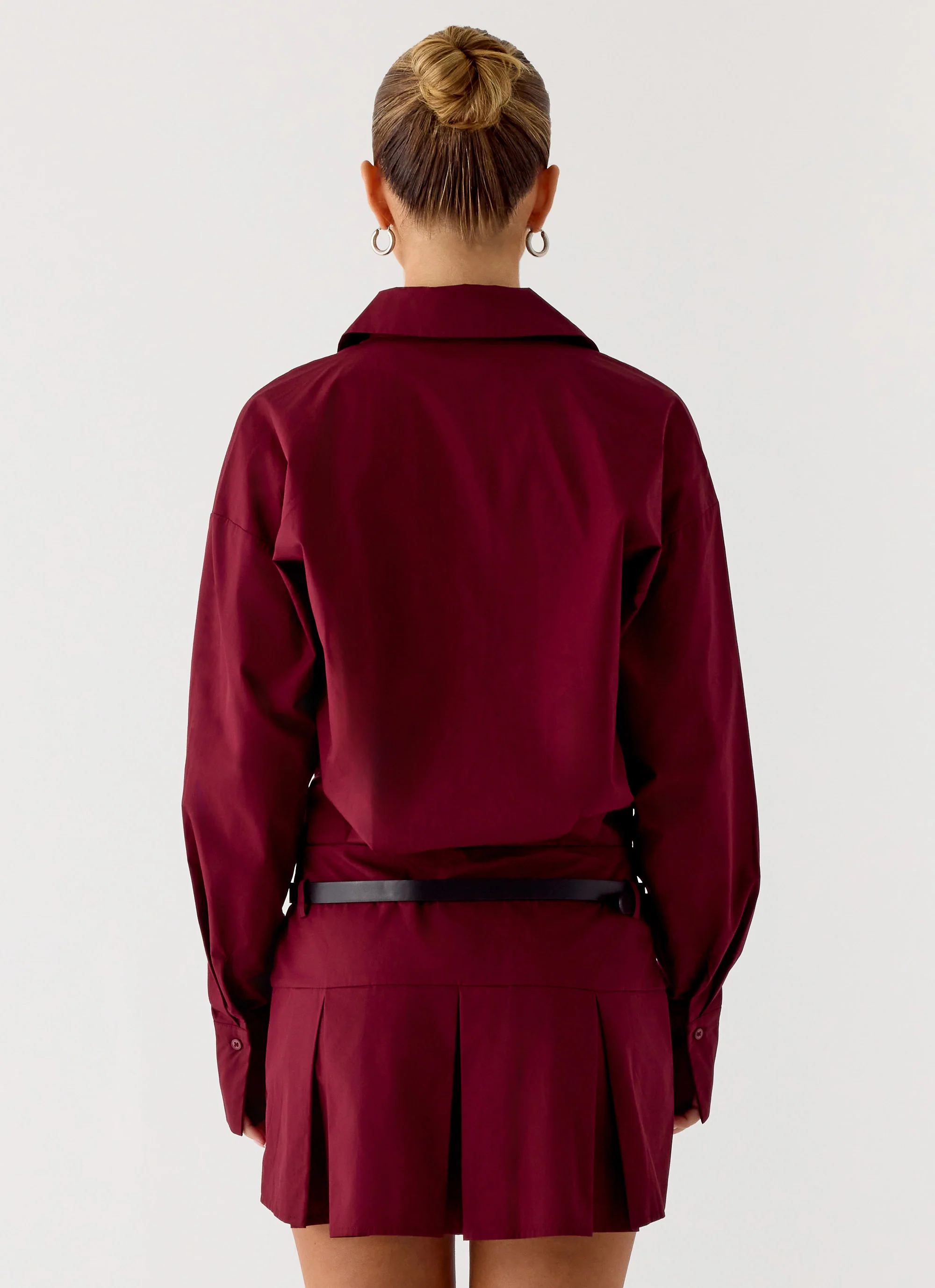 Rio Pleated Shirt Mini Dress - Maroon - Image 3
