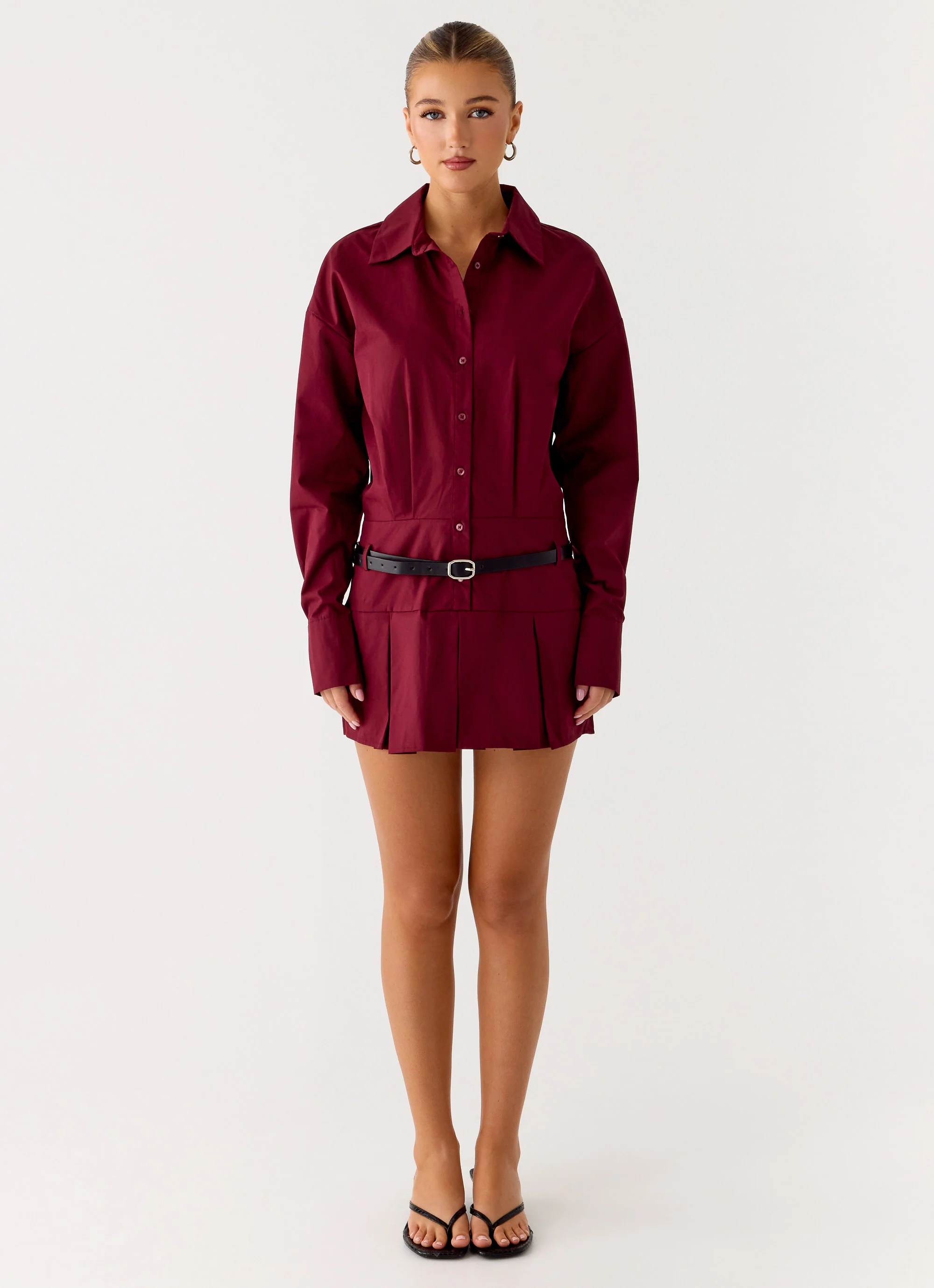Rio Pleated Shirt Mini Dress - Maroon - Image 4