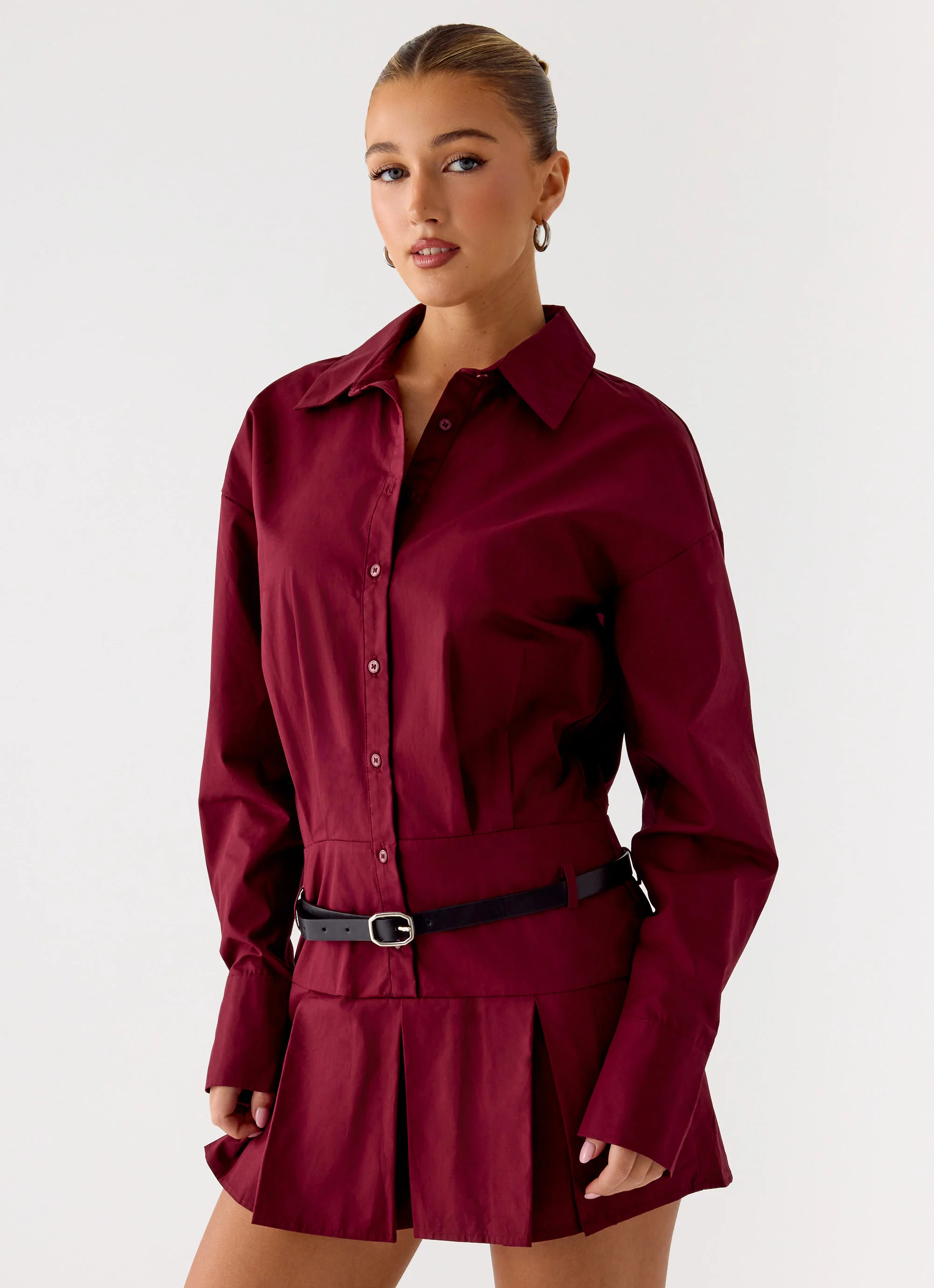 Rio Pleated Shirt Mini Dress - Maroon - Image 5