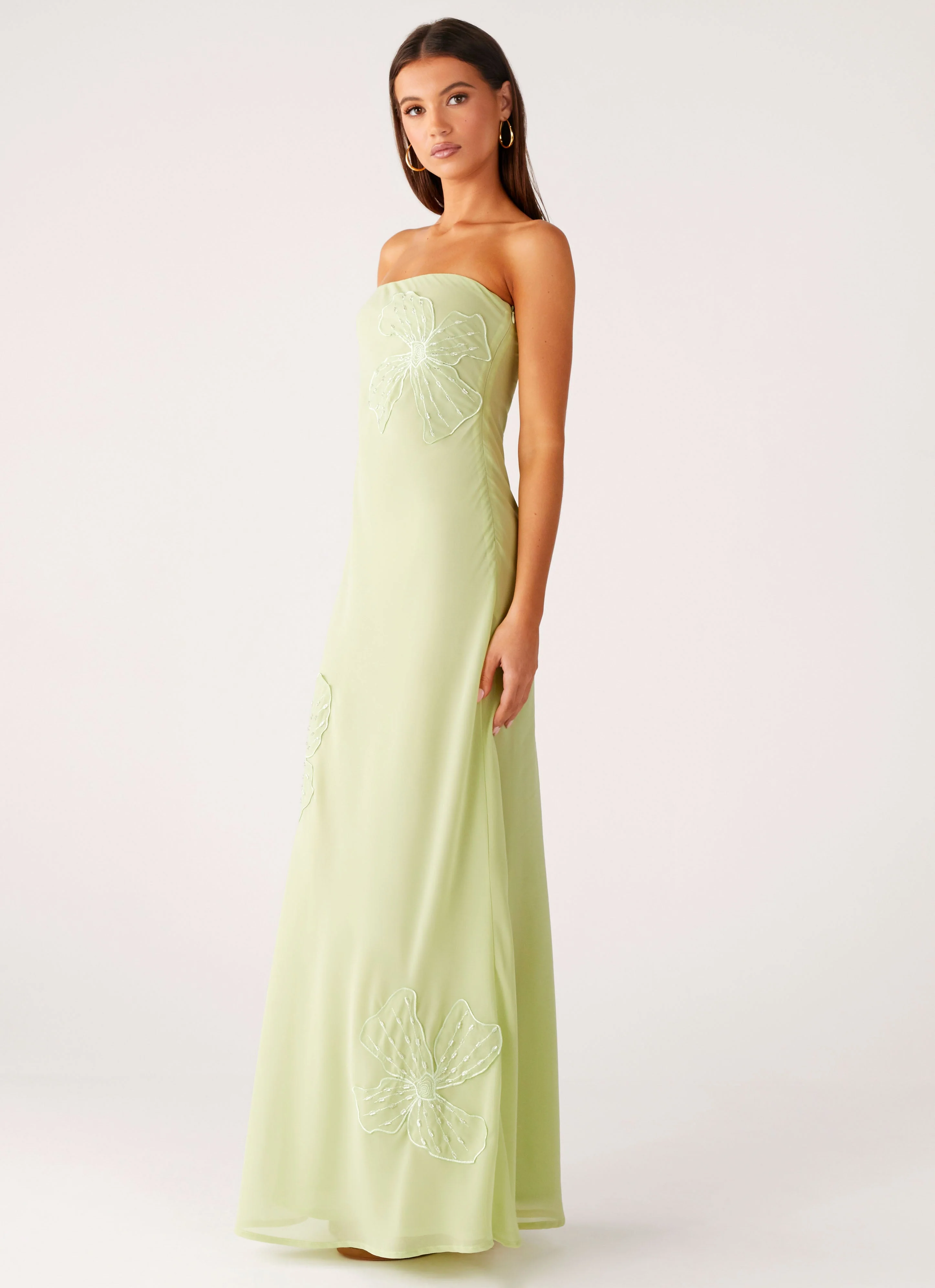 Sassafras Beaded Flower Strapless Maxi Dress - Lime - Image 6