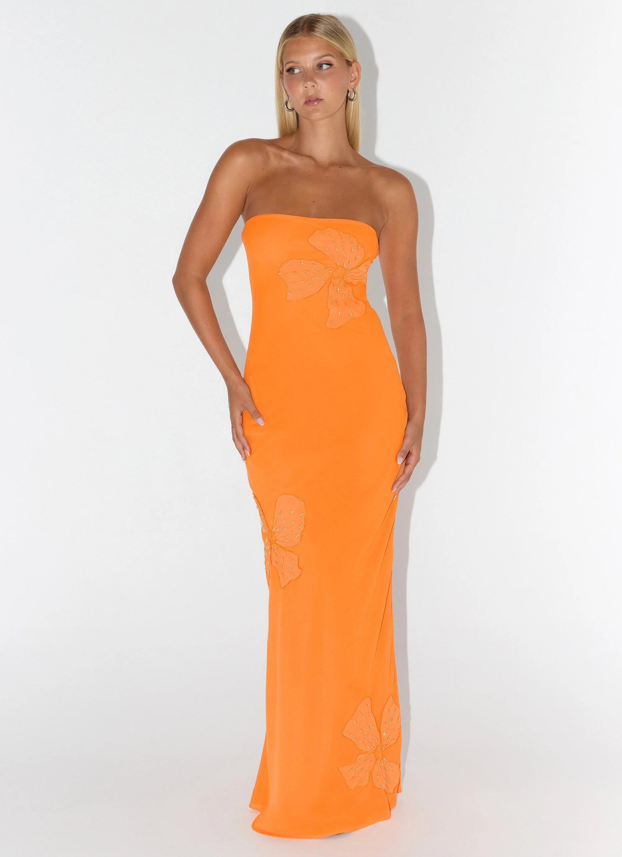Sassafras Beaded Flower Strapless Maxi Dress - Orange - Image 5