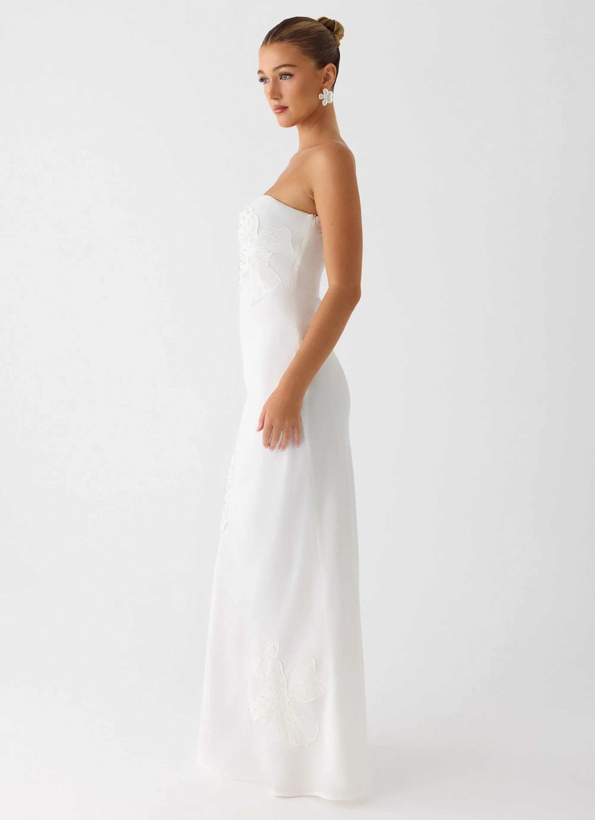 Sassafras Beaded Flower Strapless Maxi Dress - White - Image 6